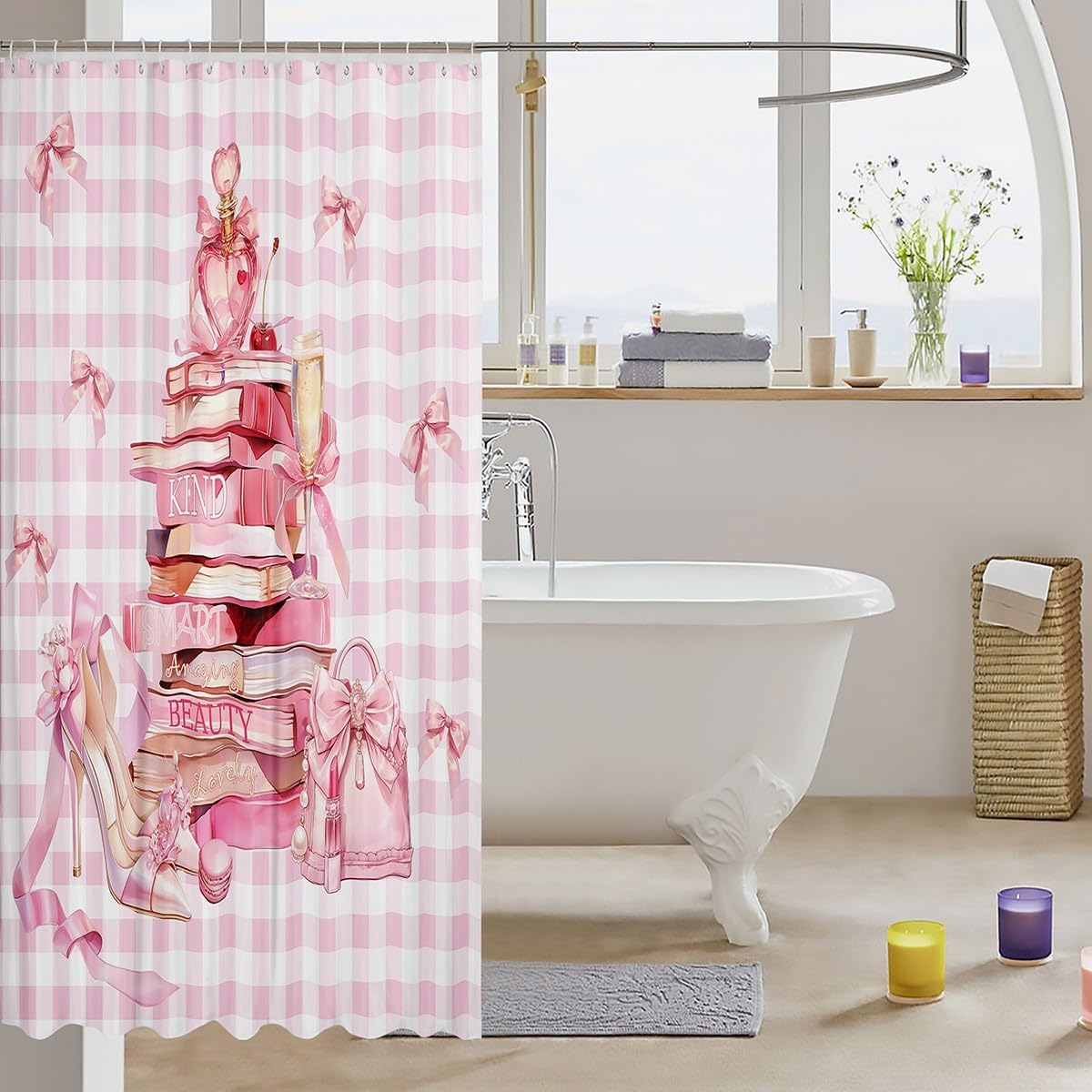 Erosebridal Girly Cute Shower Curtain for Teen Girl Kids | Pink Modern Fashion Bath Curtain Pink White Plaid Bathroom Accessories Trendy Coquette Fabric Shower Curtains,72" Wx72 L image 3