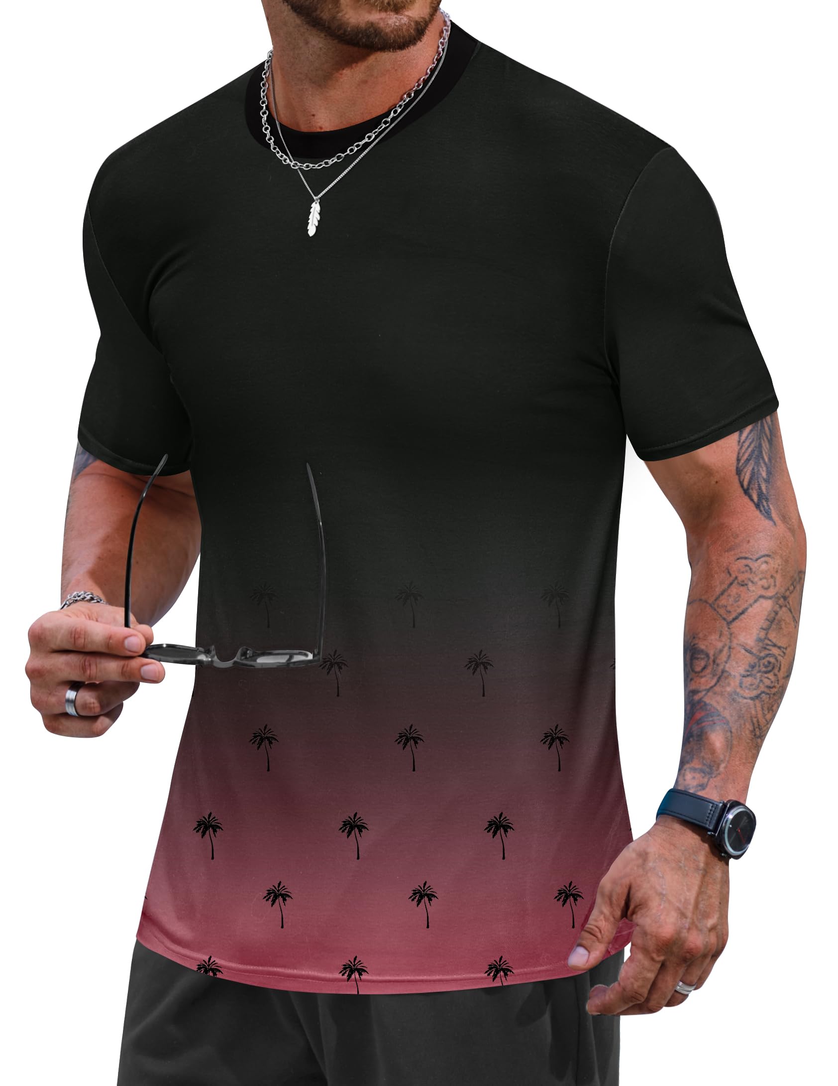 VOGSTART Men's Summer Graphic Shirts Crew Neck Short Sleeve Tropical Ombre Tee Shirt (S-2XL)