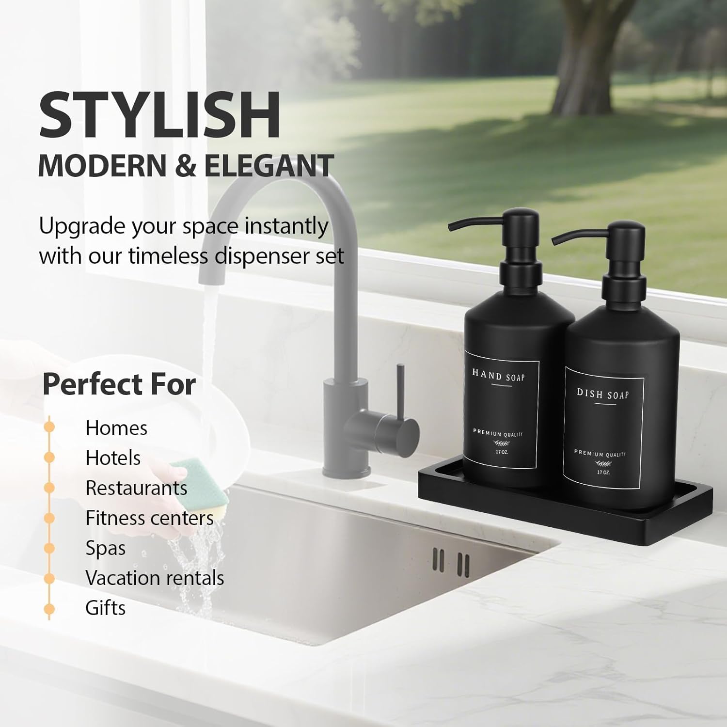 Matte Black Soap Dispenser Set, 17 OZ Hand and Dish Soap Dispenser Set, Bathroom Refillable Soap and Lotion Dispenser Set with Stainless Pump, Modern Liquid Soap Bottle Set(Black Bottle/Black Pump) - Image 6