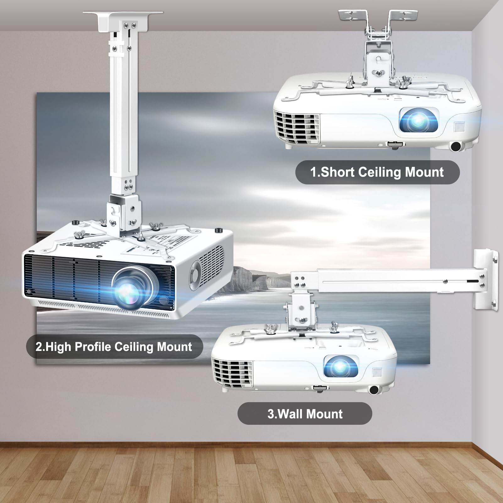2-Be-Best Support de plafond universel 3 en 1 pour projecteur avec bras réglable, option de montage encastré, gestion des câbles intégrée pour bureau et maison, blanc
