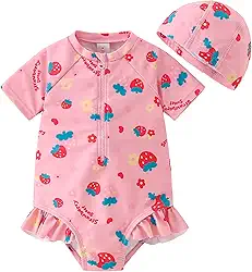 Maiô infantil para meninas com babado Rash Guard com zíper, manga curta, com chapéu, FPS 50+ 1-5T