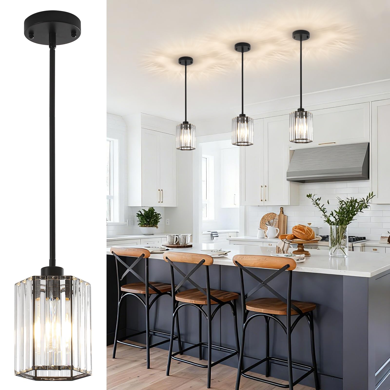 Photo 1 of GZJunYo Black Pendant Lights, 3 Pack Crystal Pendant Lights Kitchen Island Lighting, 1-Light Modern Hexagonal Crystal Island Lights for Kitchen, Dining Room, Hallway, Foyer, Entryways