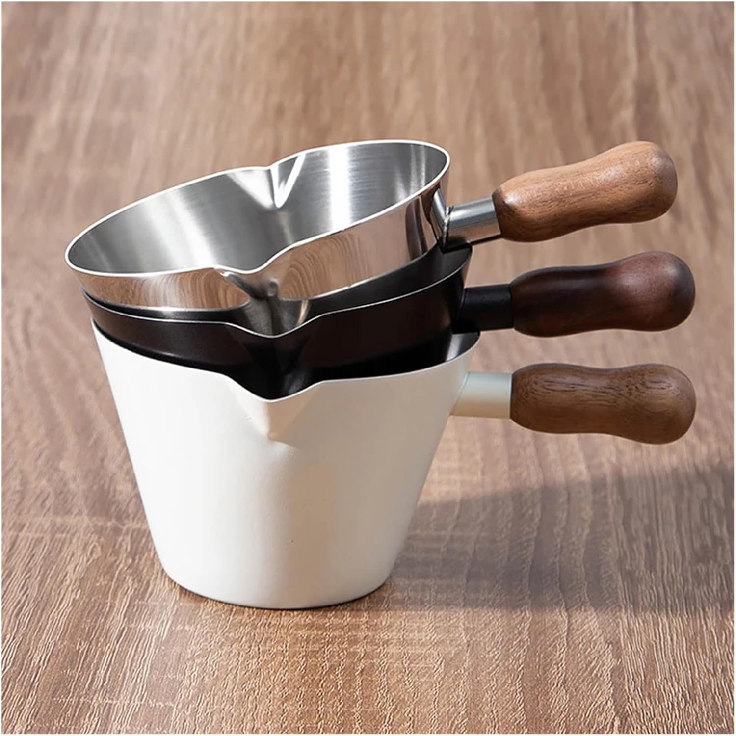 304 Stainless Steel Measuring Cup with Walnut Handle – Graduated Milk and Coffee Brewing Pitcher with Strap(Beige-A-200ML)
