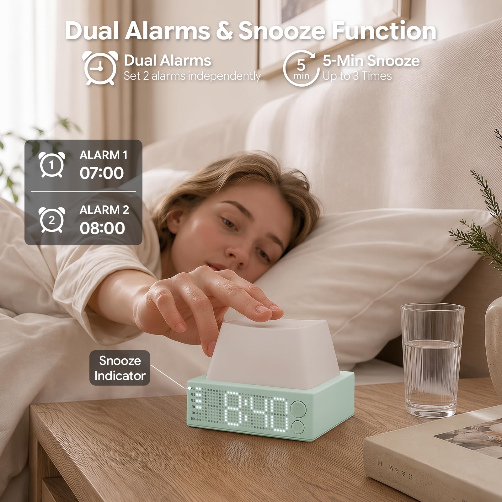 Reloj despertador recargable con botón con repetición, alarmas duales, volumen y tono de llamada ajustables, función de temporizador, perfecto para dormitorios y oficinas