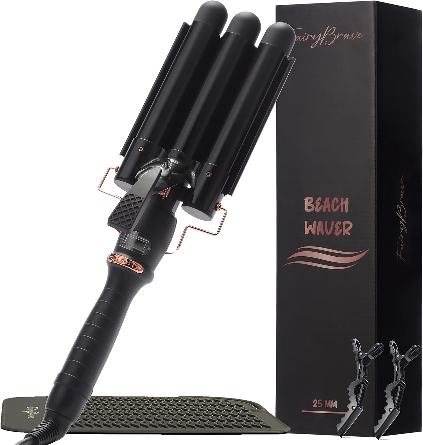 Rizador de pelo de 3 barriles, varita ondulante triple para ondas de playa, rizador de ondas de turmalina de cerámica con temperatura ajustable - 25 mm Glam Waver, Negro