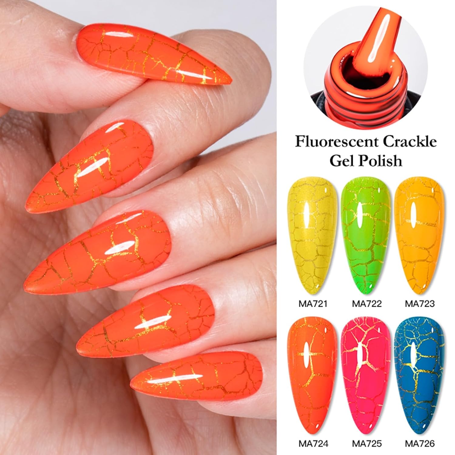 MEET ACROSS Crackle Gel Nail Polish Set, 6 Colors Neon Crackle Nail Polish Super Easy Cracked Gel Polish Kit, Air Dry & UV Lamp Needed