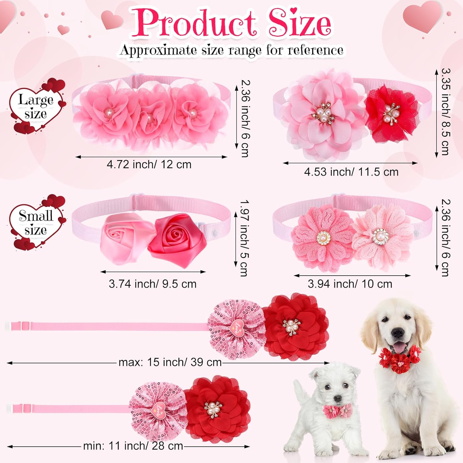 Abbylike 150 Pcs Mother's Day Dog Flower Bow Collar Bulk, 30 Styles Adjustable Puppy Bow Ties with Rhinestone Pearl Heart for Small to Medium Pet Mother‘s Day Wedding Summer Party Grooming Accessories