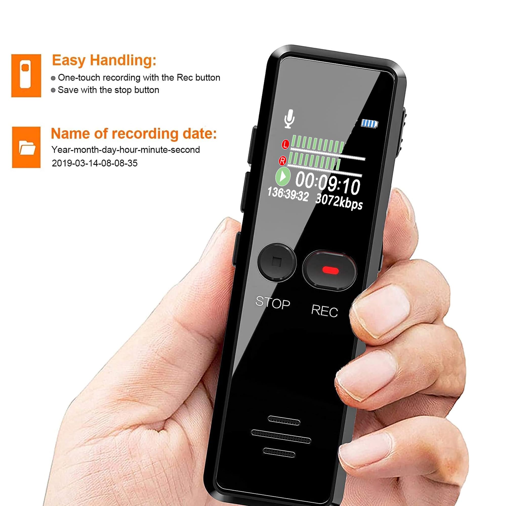 Grabadora de Voz Digital, Grabadora Audio con Una Tecla Mejorada,8G 1536 Kbps HD Grabadora de Sonido con Reproductor de MP3,USB Recargables para Conferencias Reuniones Entrevistas (64, GB)