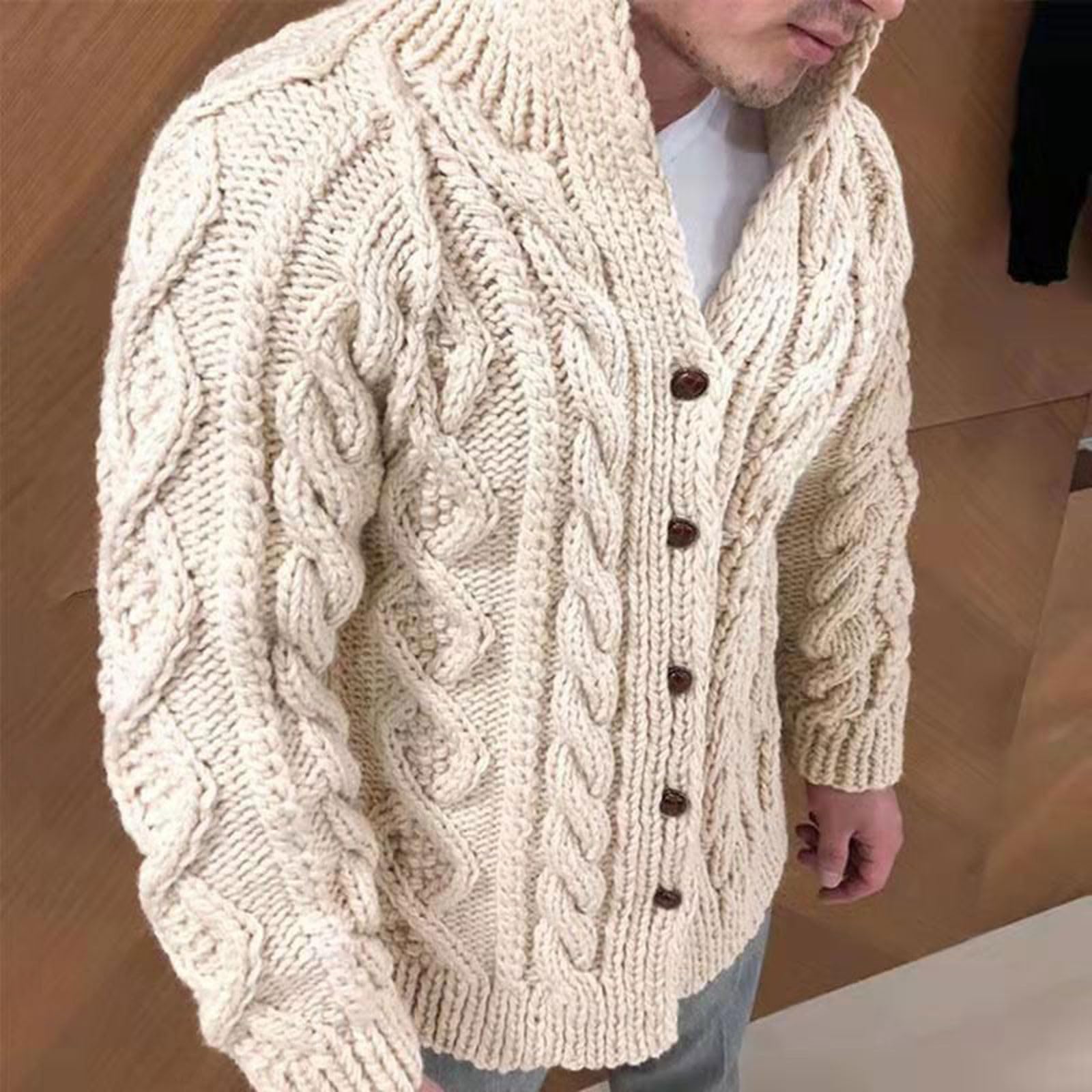 Cardigan da uomo con bottoni, motivo a treccia, colletto alto, colore puro, cardigan spesso a treccia, classico a maglia grossa