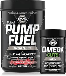 PMD Sports Ultra Pump Fuel Insanity - Pre Workout - Strawberry Slam (30 Servings) Sports Omega Cuts Elite Thermogenic Fat Burner (90 Softgels