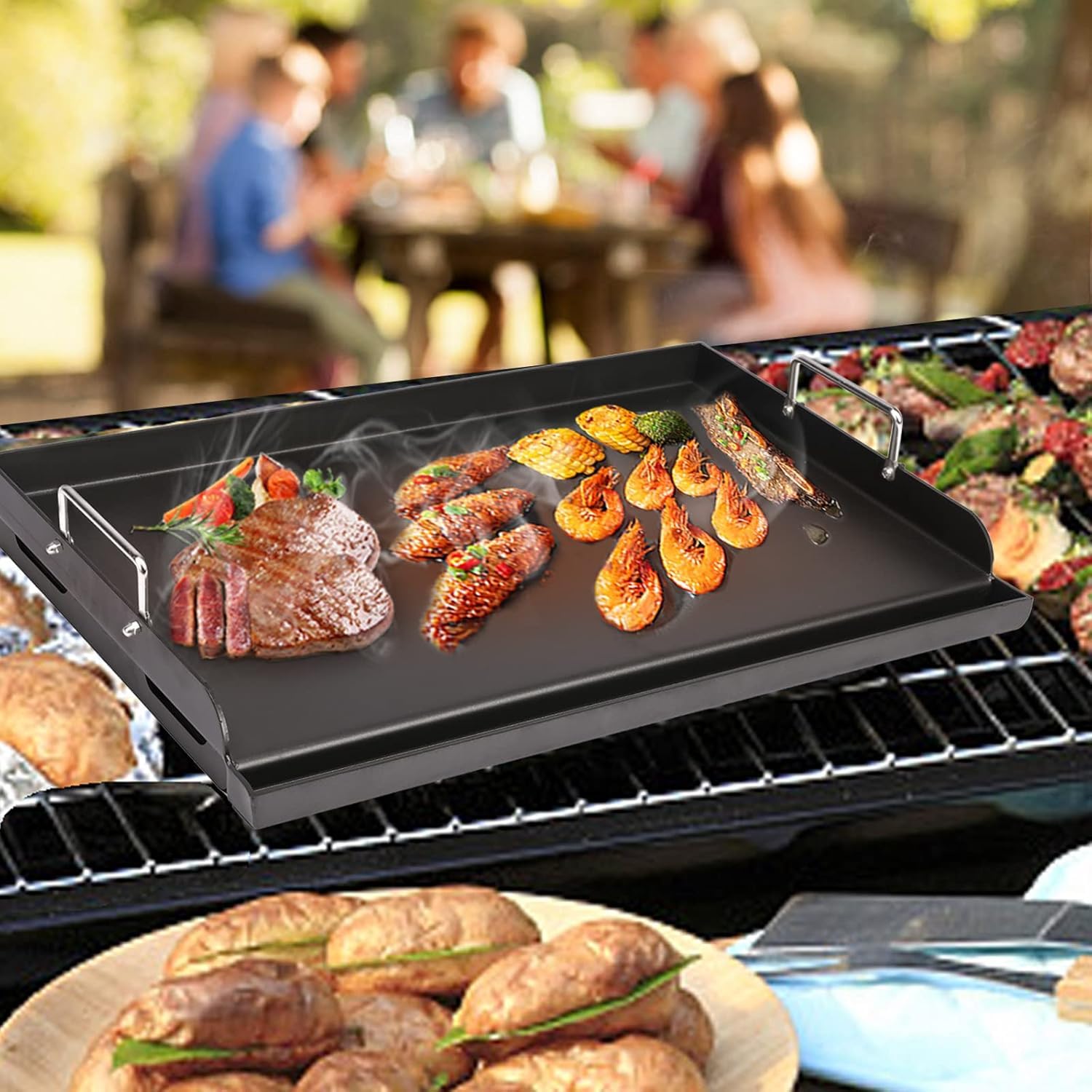 Denmay Piastra universale Plancha, 63,5 x 40,6 cm, per barbecue a gas, barbecue a carbonella, griglia elettrica e altro, rivestimento antiaderente per Weber, grande rettangolare universale