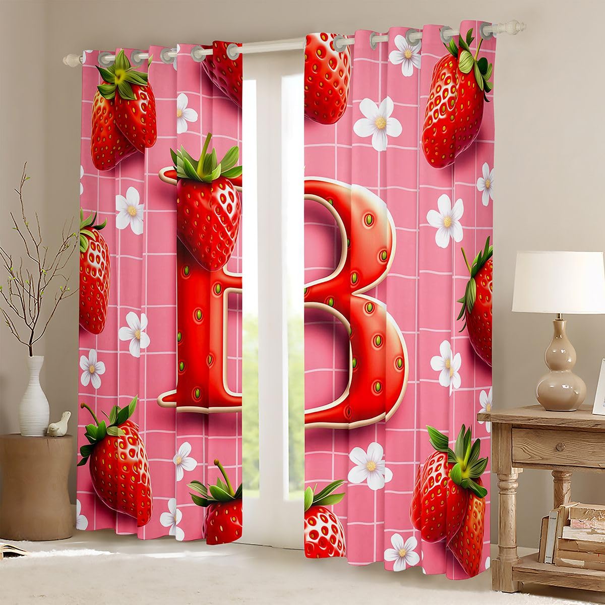 Homemissing Trattamenti per finestre con fragole 3D, 2 pannelli L 132 x L 90 tende oscuranti fragole rosse personalizzate lettera B decorazione della stanza tende floreali carine per camera da letto