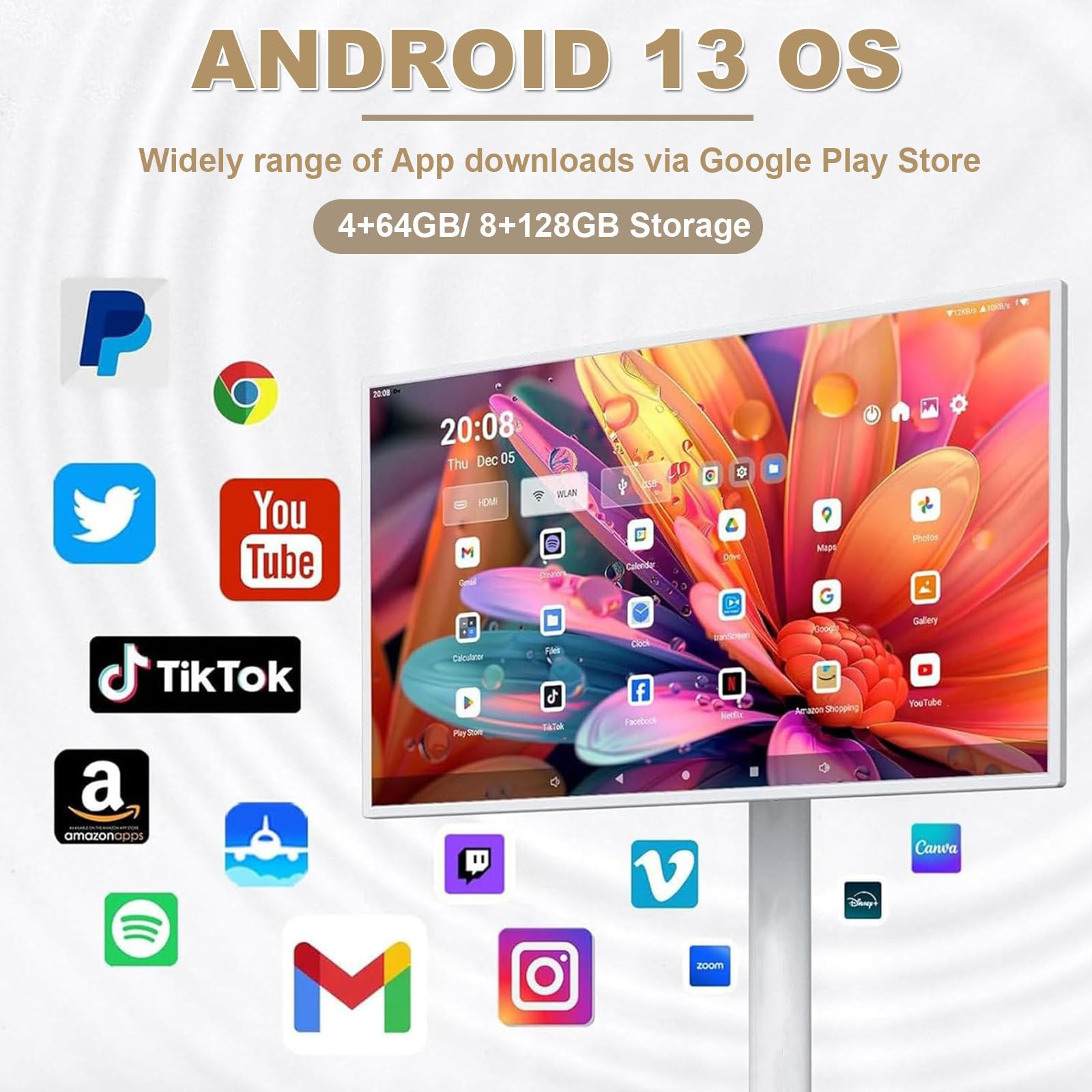 Televisor Portátil De 27 Pulgadas Con Todas Las Funciones | Integra Tv/Ordenador/Tableta/Altavoz En Un Solo Dispositivo,Aire Libre Y Compatible Con Duplicación De Pantalla Inalámbrica 8+128GB