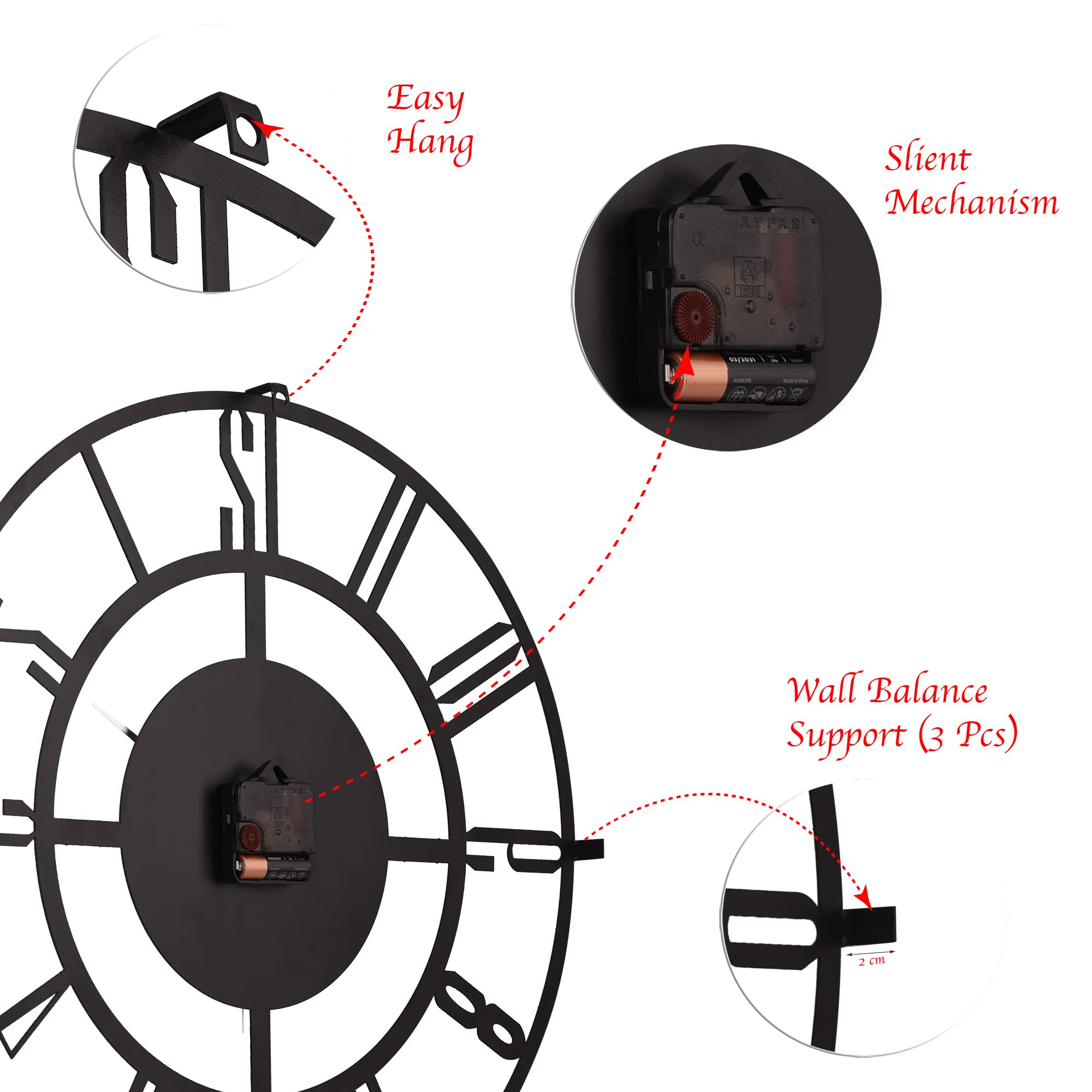 muyika Large Wall Clock for Living Room, Kitchen Wall Clocks, Large Wall Clocks,20 inch/ 50 cm,Metal Wall Clocks,Black Analog Oversized Silent Battery Operated