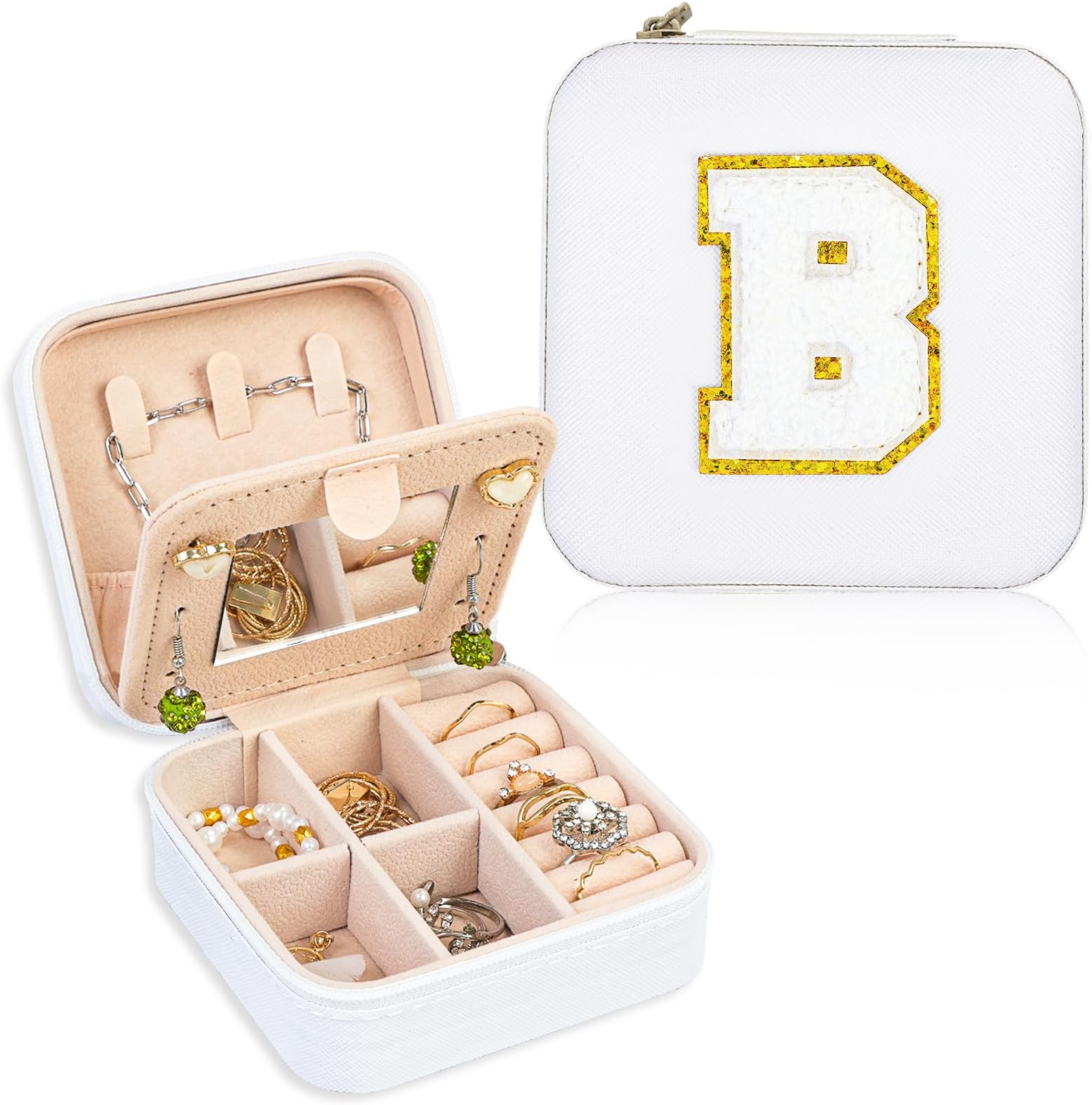 FUNARTYFUNARTY Travel Jewelry Case Organizer, Gifts for Women, Small Jewelry Box Jewelry Organizer, Necklace Organizer Earring Organizer Box with Mirror, White Travel Essentials Initial B