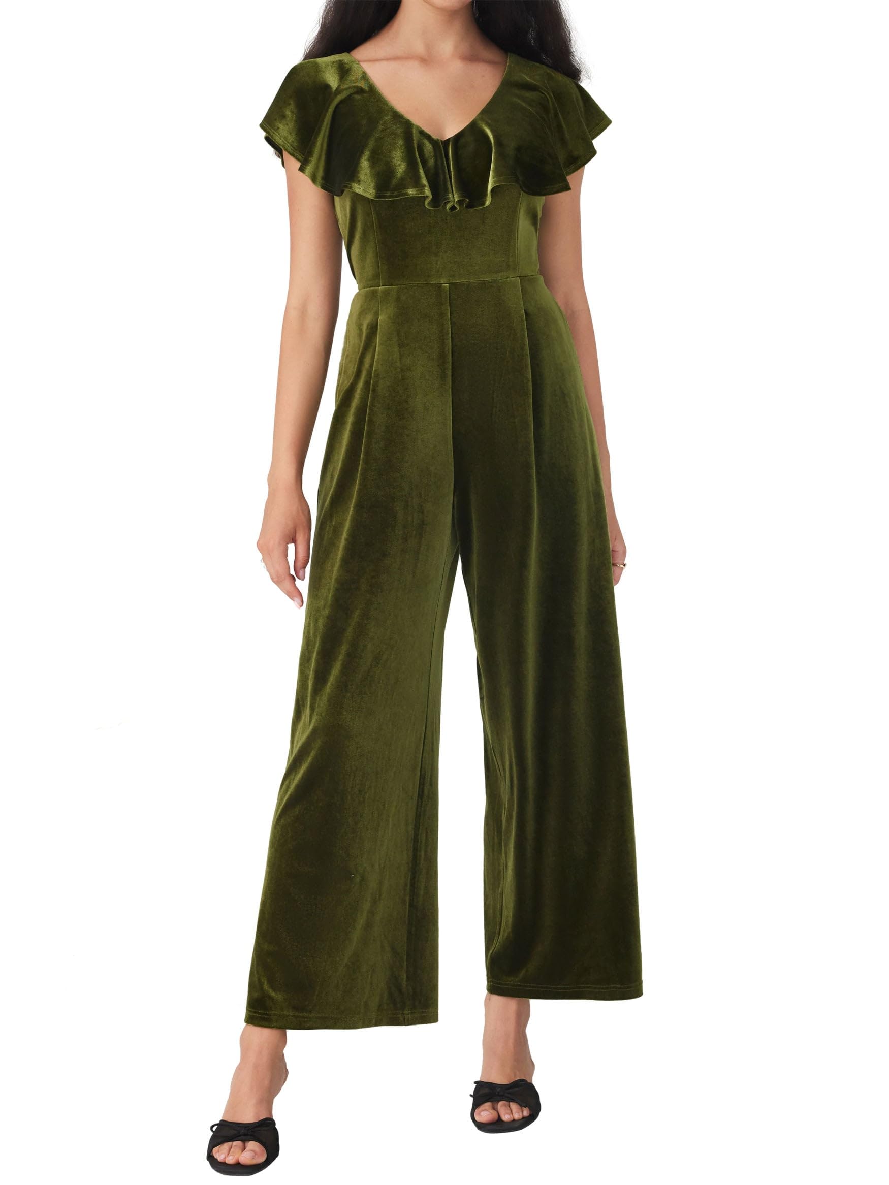 cider Cap Sleeve Velvet Jumpsuits for Women V Neck Wide Leg Long Pants Dressy Rompers Tie Waist Fall Overalls-picture-35