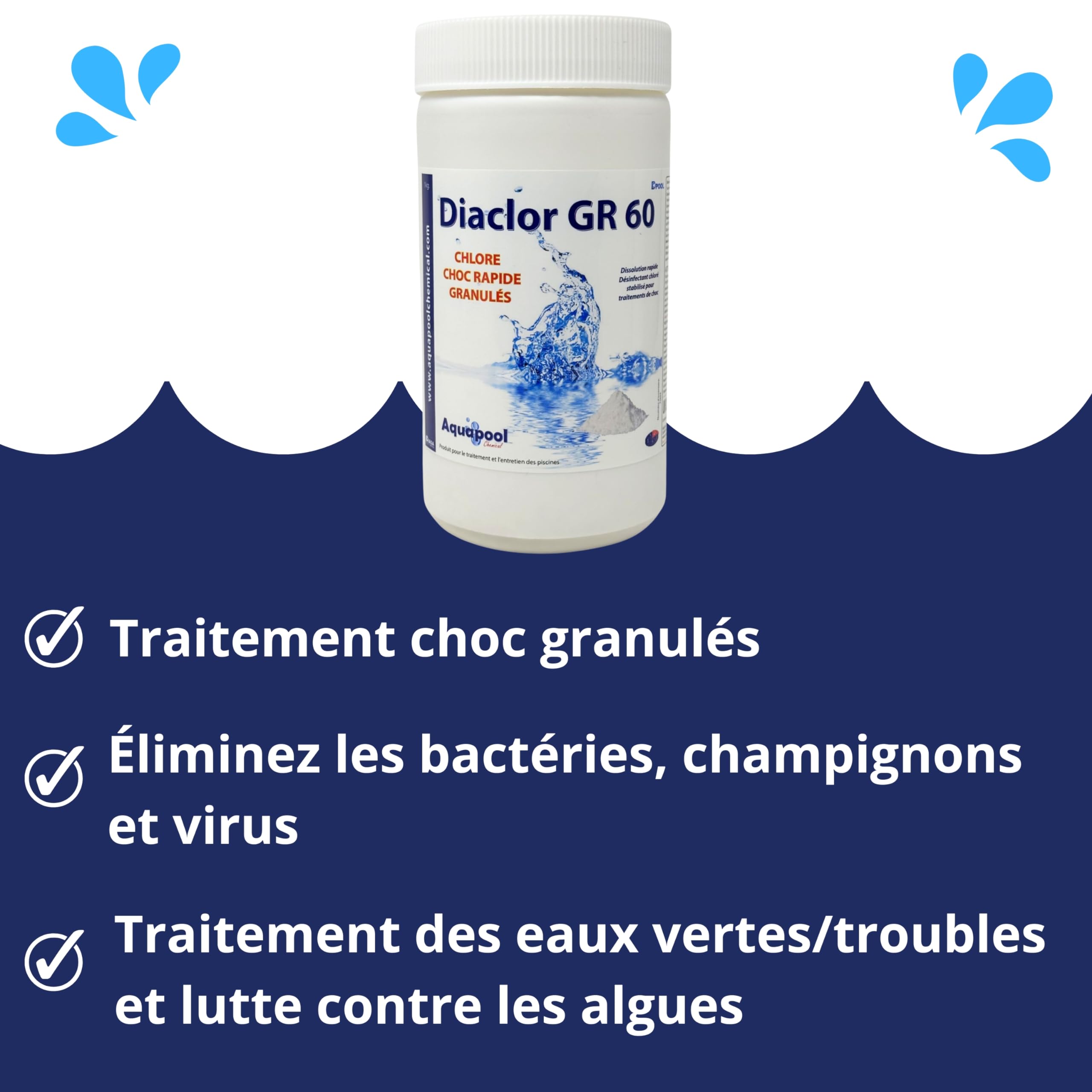 Chlore Choc Piscine – Traitement Eau Verte, Trouble, Algues et Les Micro-Organismes/Action Rapide, Entretien et rattrapage de l’Eau, Chlore Choc granulés 1kg et 5kg (5L)