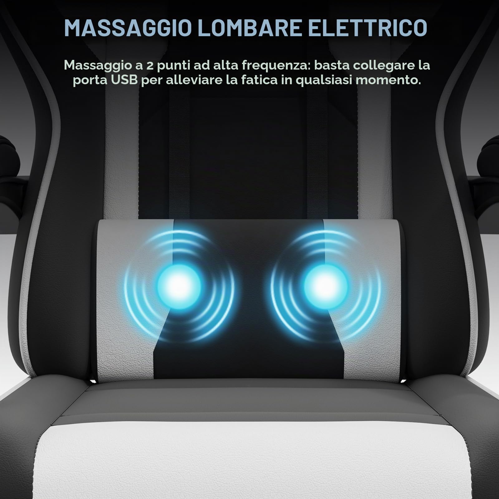 JUMMICO Sedia da Gaming Massaggiante, Cuscino Lombare & Poggiatesta, Ergonomica Sedia da Ufficio, Schienale Regolabile 90-135°, Portata 150 kg (bianco e nero)