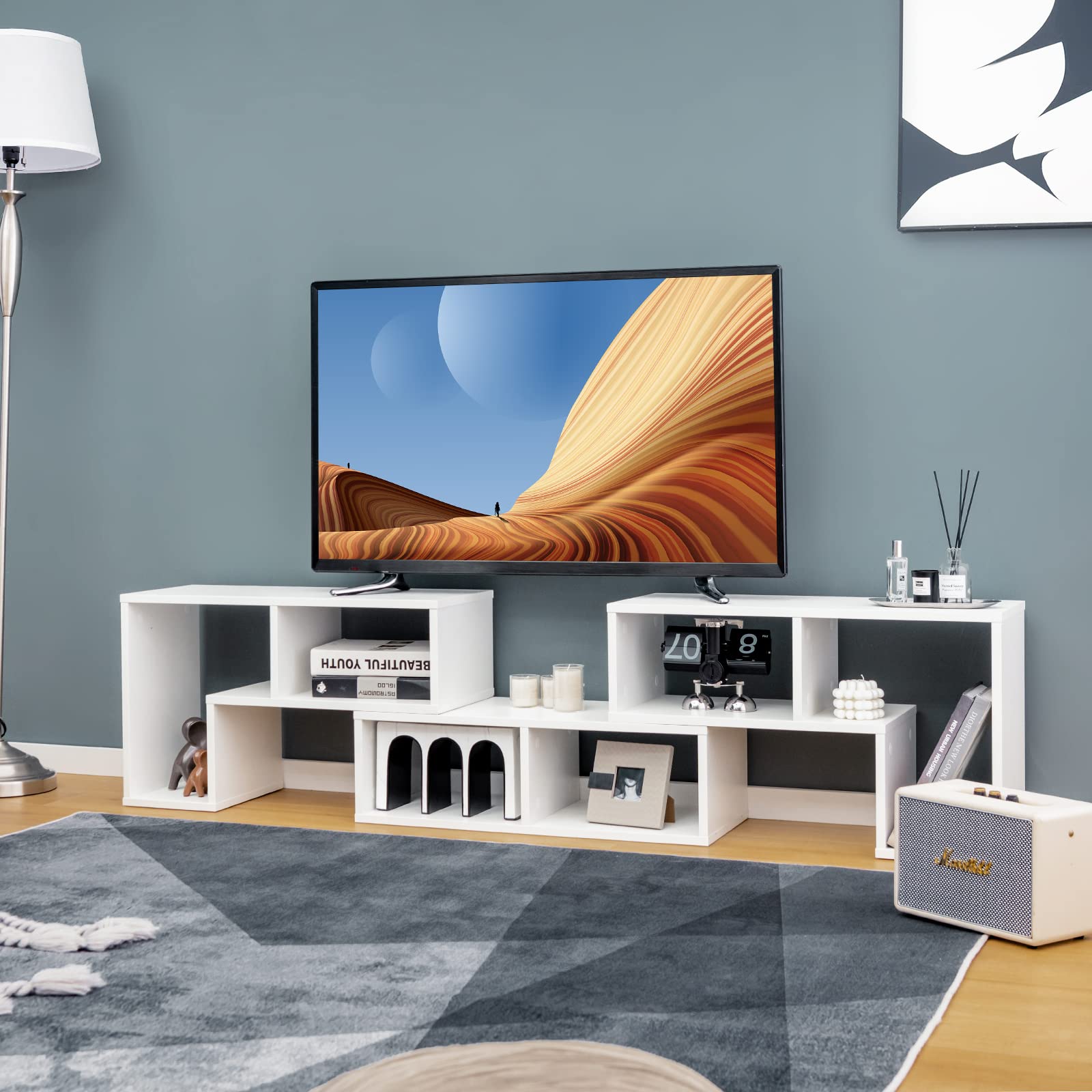COSTWAY Meuble TV Modulaire 3 Pièces, Meuble Télé Angle Extensible 49 Pouces, Étagère Bibliothèque Bois 135x30x43cm Blanc