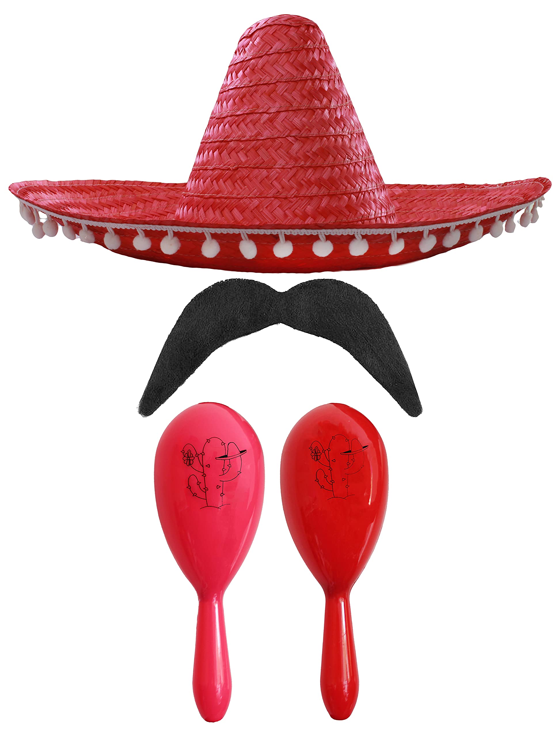 Adults Mexican Accessory Set - Natural Mexican Sombrero, Pink & Red Maracas, Moustache - Mexican Cinco de Mayo Sensorita Bandit Mariachi Fancy Dress Costume Accessory Set — image 1