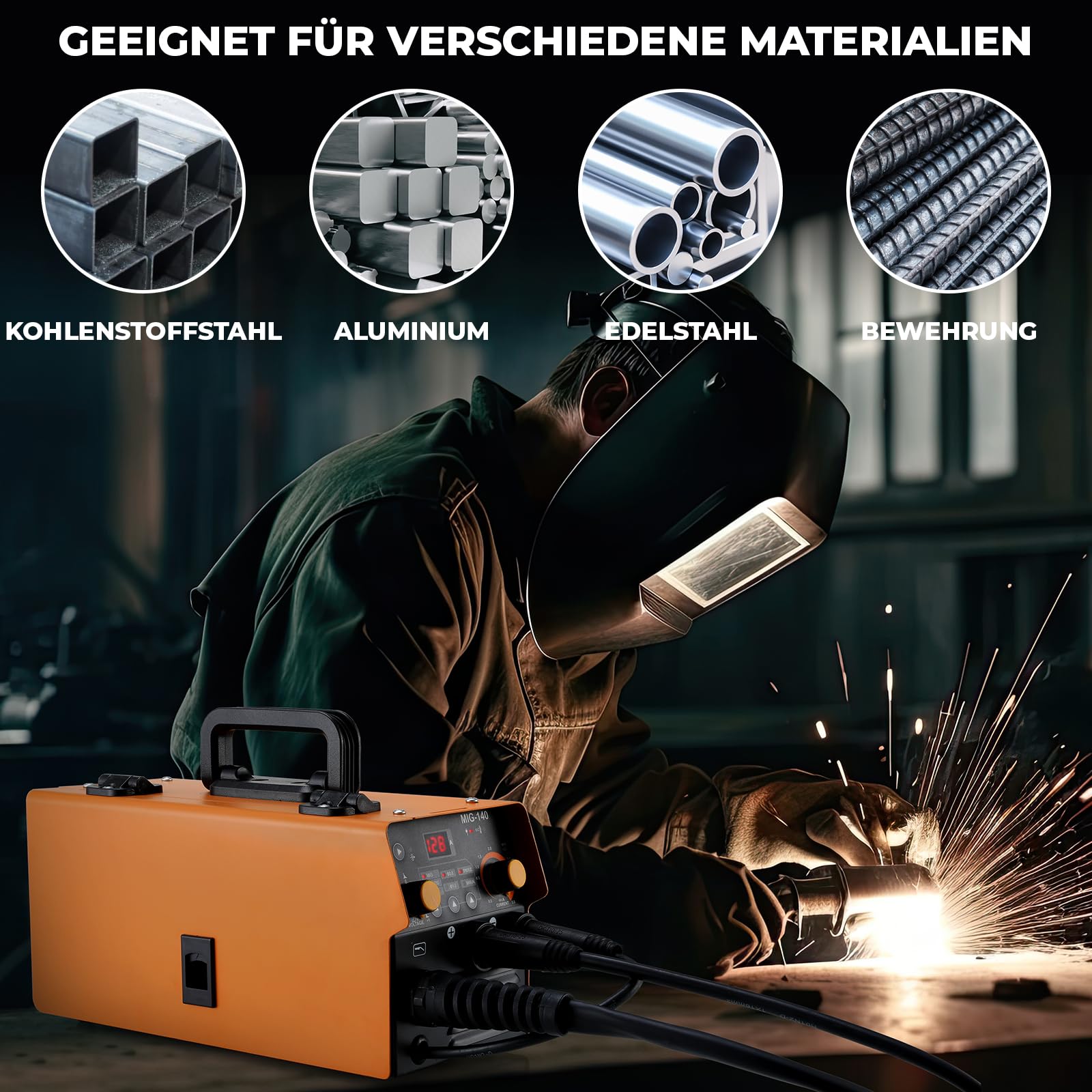 Soldador Hilo Continuo sin Gas 140A 230V, 3 en 1 Soldadora MIG, ARC MMA, Lift TIG, IGBT Inverter, Máquina de Soldar Portátil, con Pantalla LCD, Rollo de Alambre de 0,8 mm, Máscara y Cepillo, IP 21S