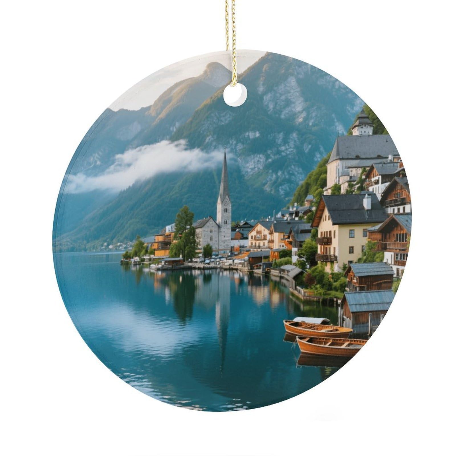 Fekiloot Style Hallstatt Lakeside Town Christmas Ornaments 2.9 Inch Round Ceramic Ornament Keepsake Thank You Gifts For Office, Room, Home - Holiday Present Ideas