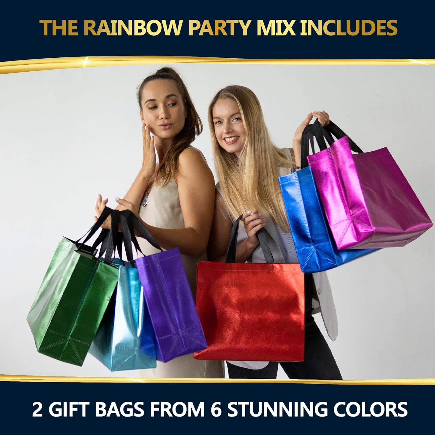 Nush Nush Mix Color Gift Bags Large Size – Set of 12 Reusable Large Gift Bags with Handles in 6 Glossy Vibrant Colors - Perfect Goodie Bag for Birthday Party Favor, Christmas, Holiday – 13x5x11 - Image 2