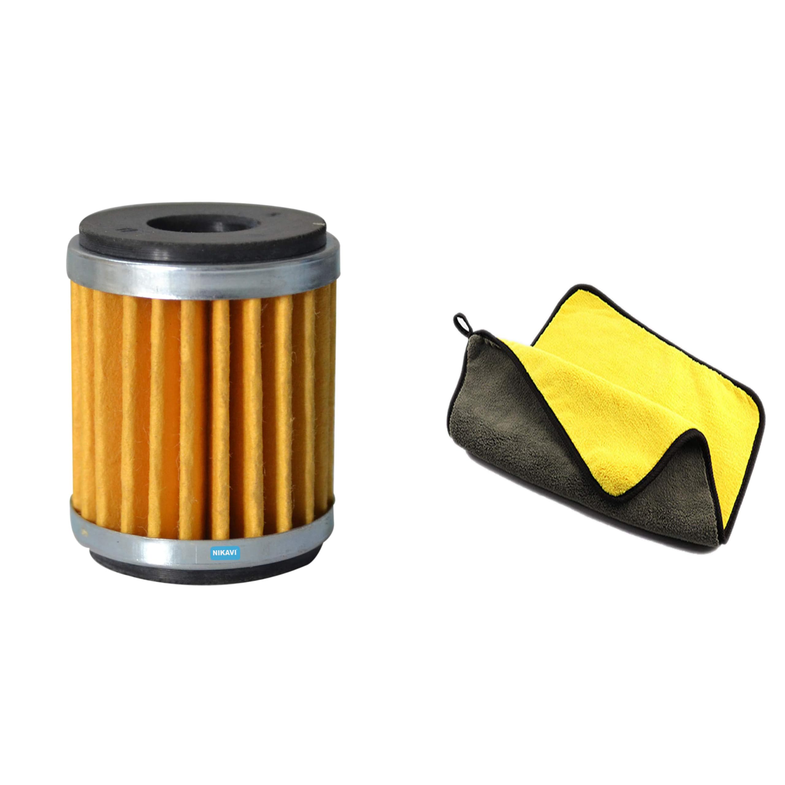 NIKAVI NOFF005 Oil Filter for Yamahaa R15 | High-Performance Motorcycle Engine Oil Filter + Thick & Soft Microfiber Cleaning Cloths (Yellow & Gray, 30×30 cm)|Absorbent Bike Wash Towels for Auto Care