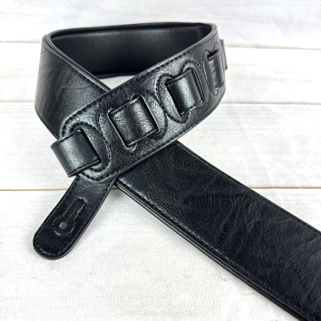 Walker & Williams G-58 Black on Black Natural Finish Guitar Strap with Padded Glove Leather Back for Electric, Acoustic, And Bass Guitars