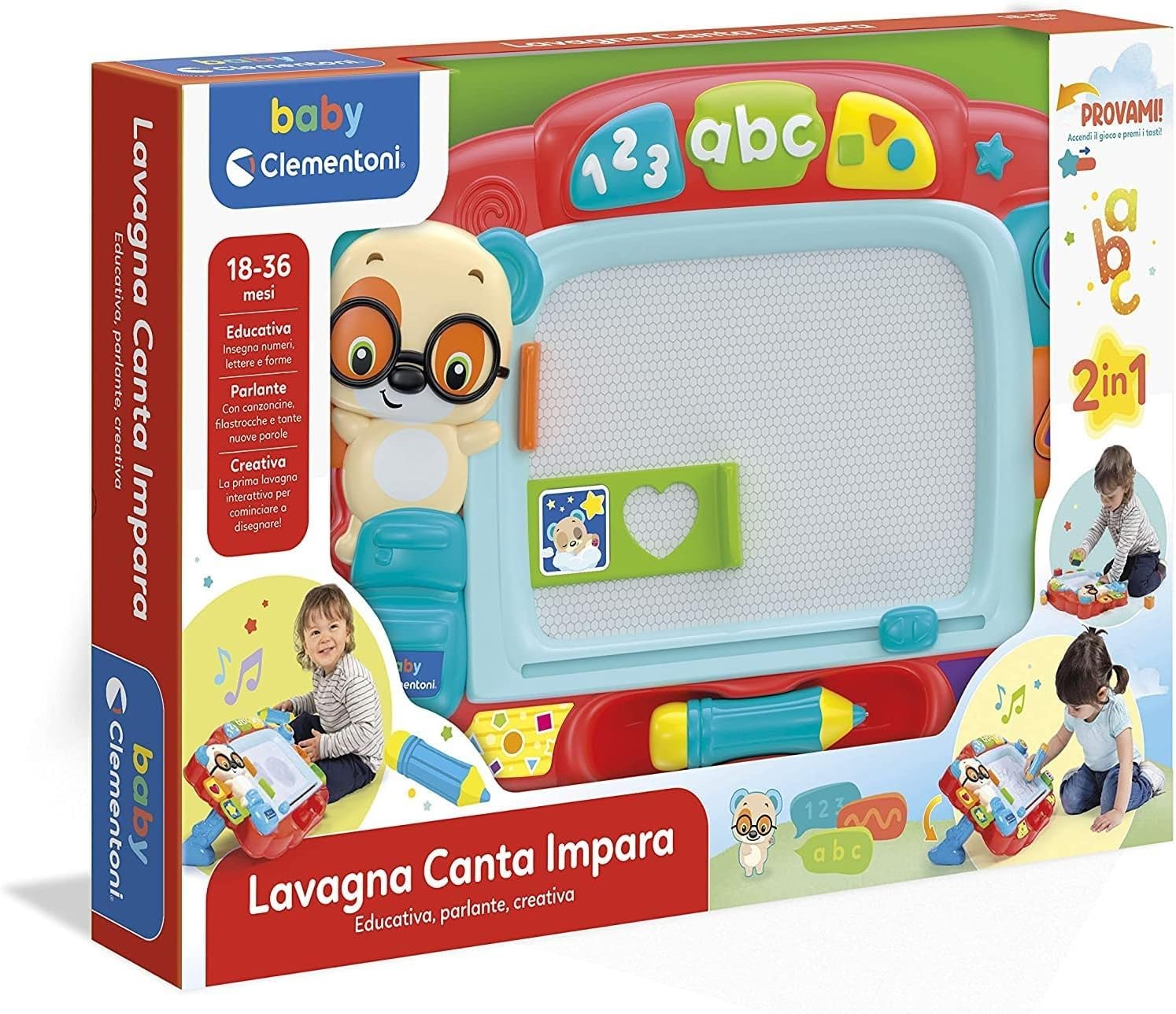 Baby Magnettafel zum Singen und Lernen für Kinder, 18-36 Monate, Lernzentrum mit Zahlen, Buchstaben und Formen, Zeichentafel mit Stift, Formen und Schablonen, italienische Sprache