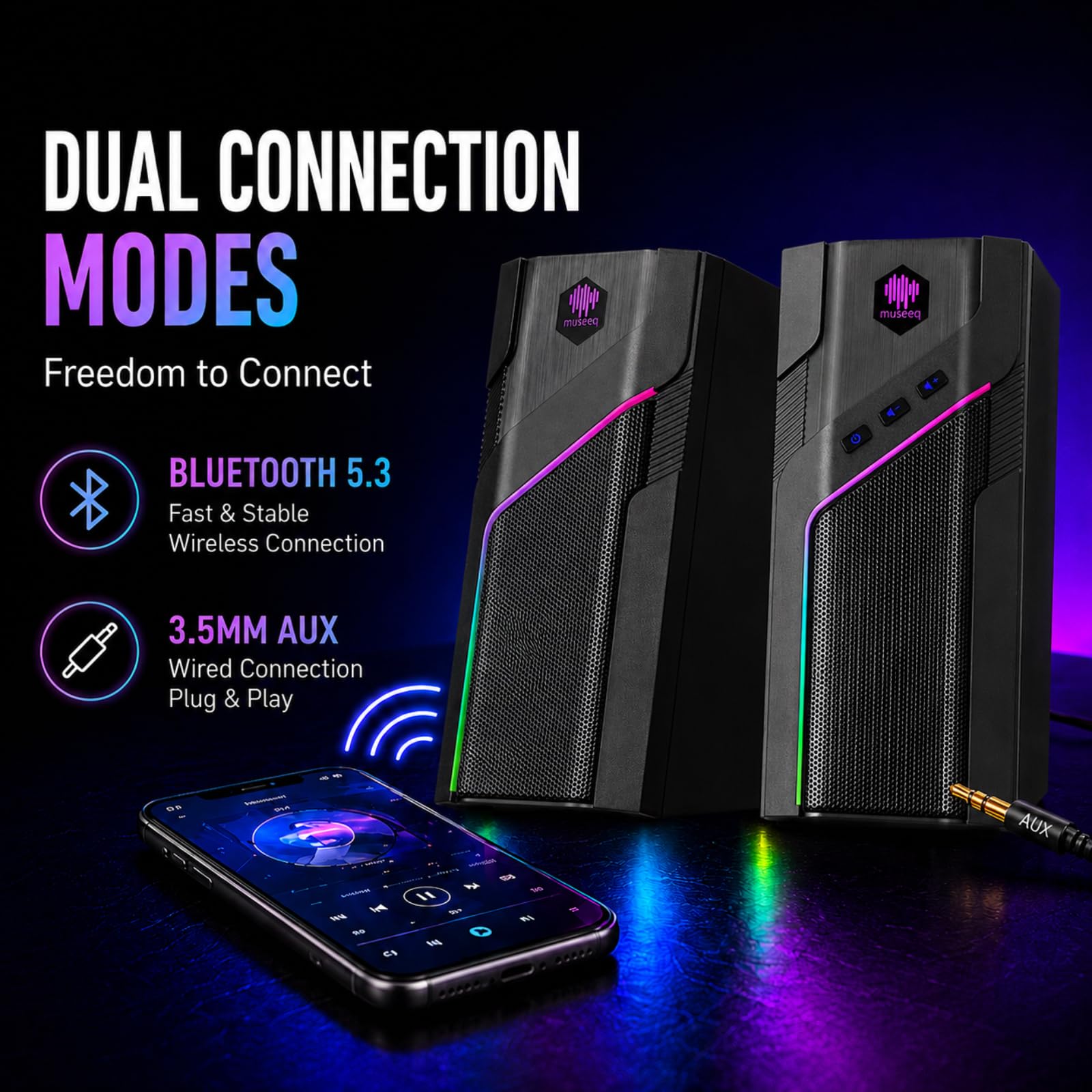 W-206RE Altoparlanti per PC desktop, luci RGB Bluetooth | 21 modalità RGB, suono stereo chiaro, Bluetooth, alimentazione USB, AUX da 3,5 mm e controllo touch per monitor