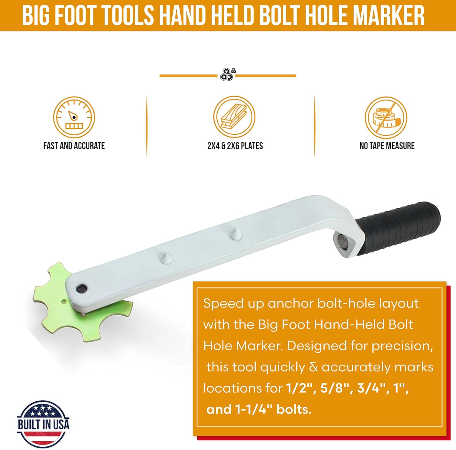 Big Foot Hand-Held Bolt Hole Marker - Precision Anchor Bolt Layout Tool for 2x4 & 2x6 Walls | Marks 1/2", 5/8", 3/4", 1", & 1-1/4" Bolts | Durable Steel Construction with Soft-Grip Handle (LA-BHMHH)