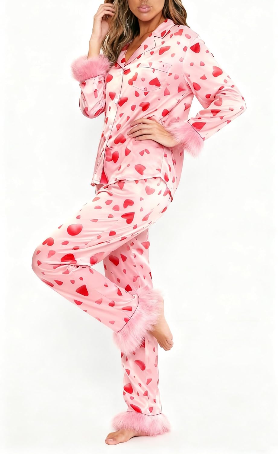 Argeousgor Women Feather Pajamas Silk Satin Lounge Sets Long Sleeve Button Down Shirts and Pants 2 Piece Pj Set - Image 2