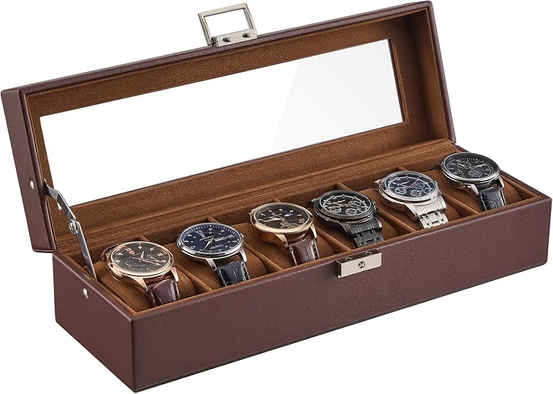 ProCase 6 Slots Watch Case Box for Men -Espresso | PU Leather Man Watch Organizer, Soft Pillow, Lockable Glass Display Lid, Storage Holder for Watch Collection