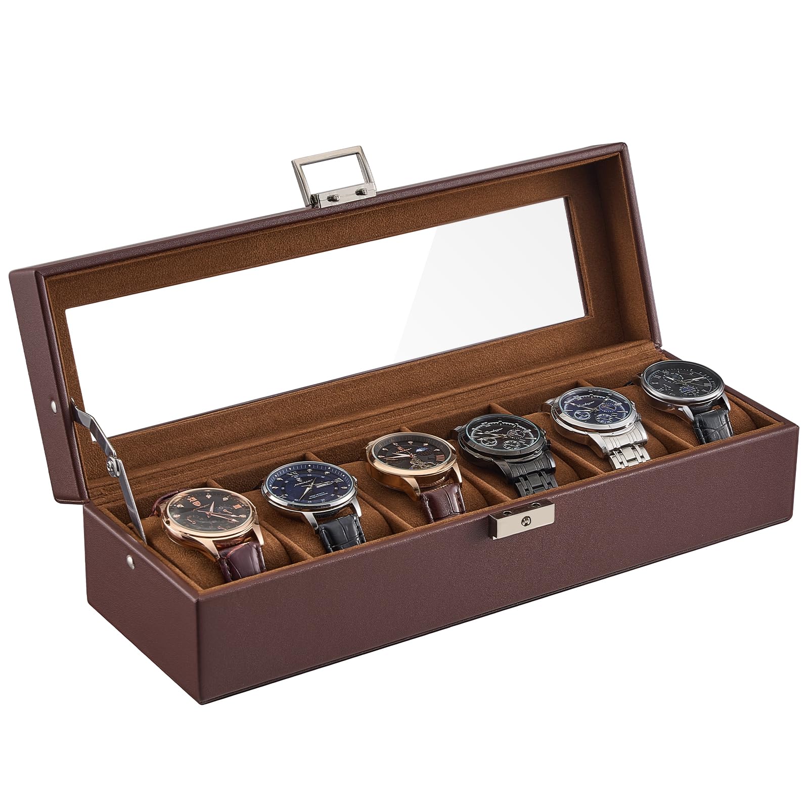 HVMBEUGOS 6 Slot Watch Case Box for Men, PU leather Man Watch Organizer with Soft Pillow, Lockable Watch Collection Storage Holder with Glass Display Lid, for Dad -Espresso