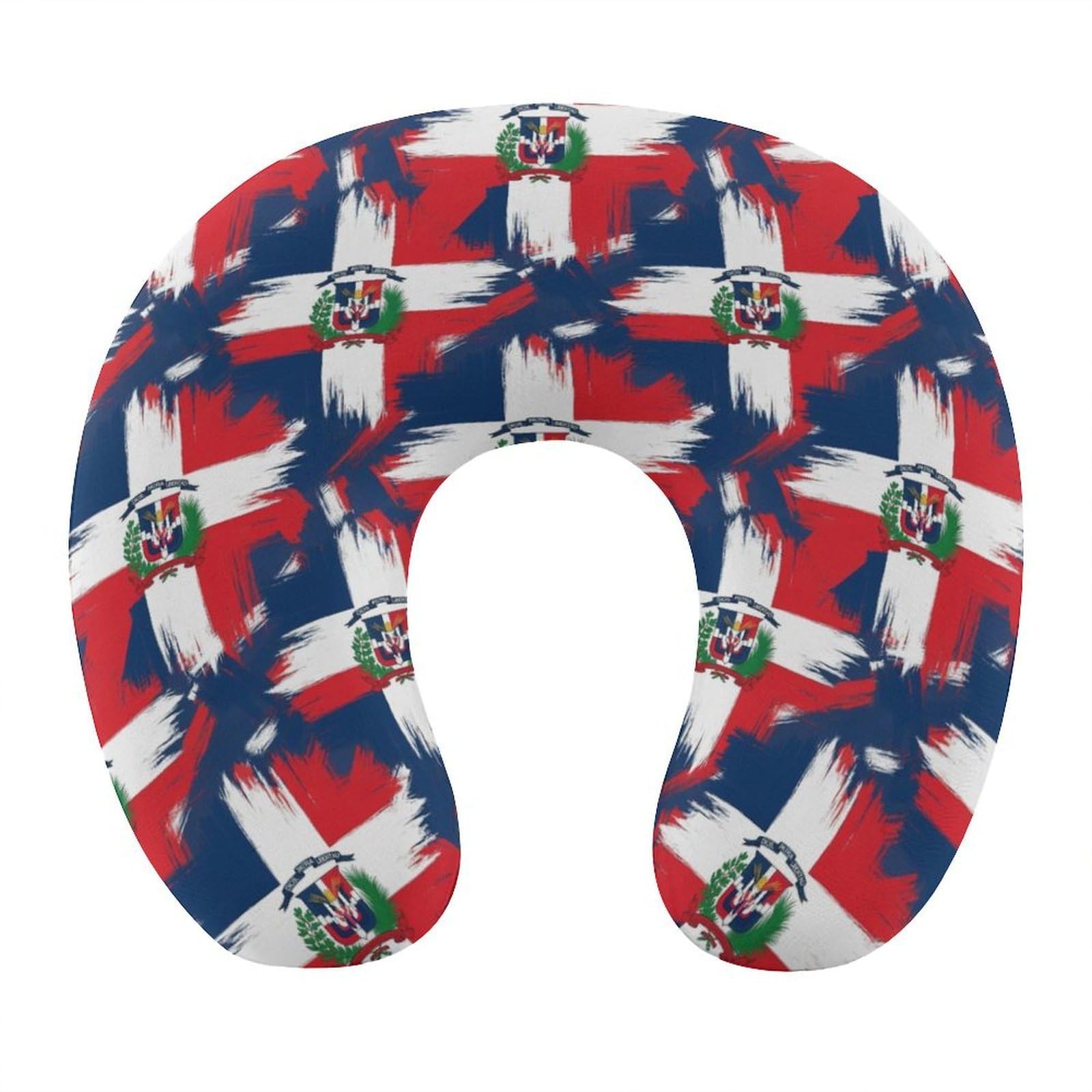 Unisex Travel Neck Pillow Memory Foam U Shaped Cushion Dominican Republic Grunge Flag, Washable Cover for Men Women Airplane Car Home Rest