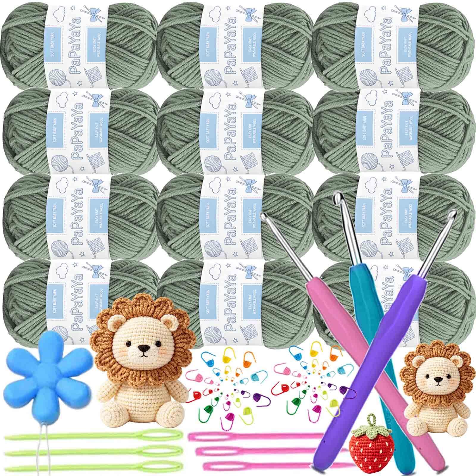 Crochet Yarn Double Knitting Wool 12x50g Acrylic Yarn with Aluminum Crochet Hooks Stitch Markers for Crochet Yarn Kits for Beginners Adults Wool for Crochet Knitting and Crafts (600g Sage Green)