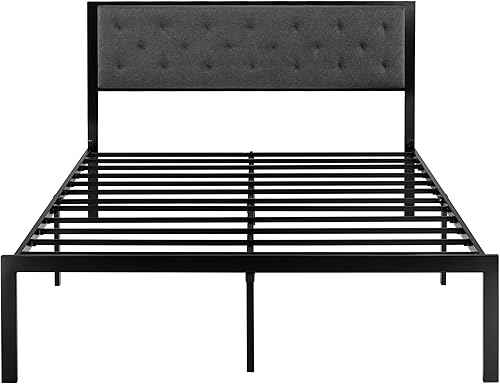 Miniatura 7 de Allewie Base de cama Queen con cabecera tapizada, diseño elegante copetudo cosido de diamante, no necesita somier, gris oscuro