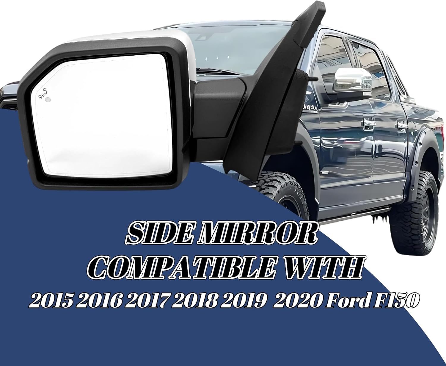 Left Driver Side Mirror Compatible With 2015-2020 Ford F150 With Heated Power Glass Blind Spot Detection Turn Signal Puddle Lights Memory Power Folding Chrome 18pins Without Camera