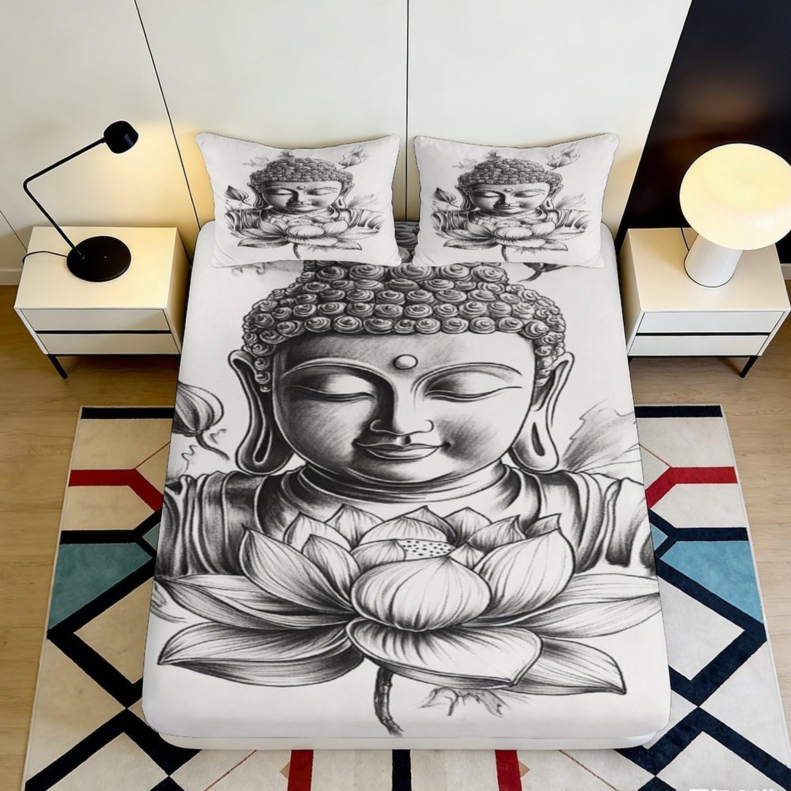 3D Printed Buddha Lotus Fitted Sheet Microfiber Soft Anti-slip Bed Cover for Bedroom Guest Room Decor Easy Care 90x200x25cm