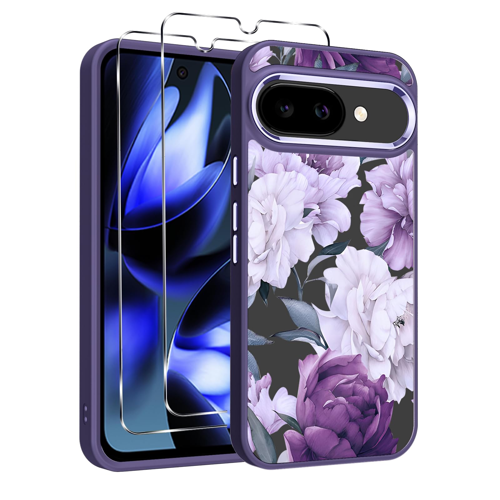 Cute Floral Clear Case for Google Pixel 9a 6,3'' +2*Tempered Screen Protector, Flower Pattern Print Design Aesthetic Soft TPU & Hard PC Shockproof Protective Cover for Women Girl - Purple02