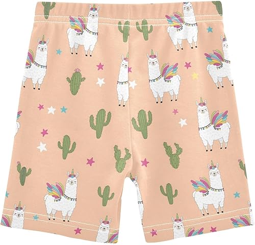 Llama Beige Cactus Girls Bike Shorts Toddler Soft Cotton Active Under Dress Shorts(Multi-llama Beige Cactus,10 Years)
