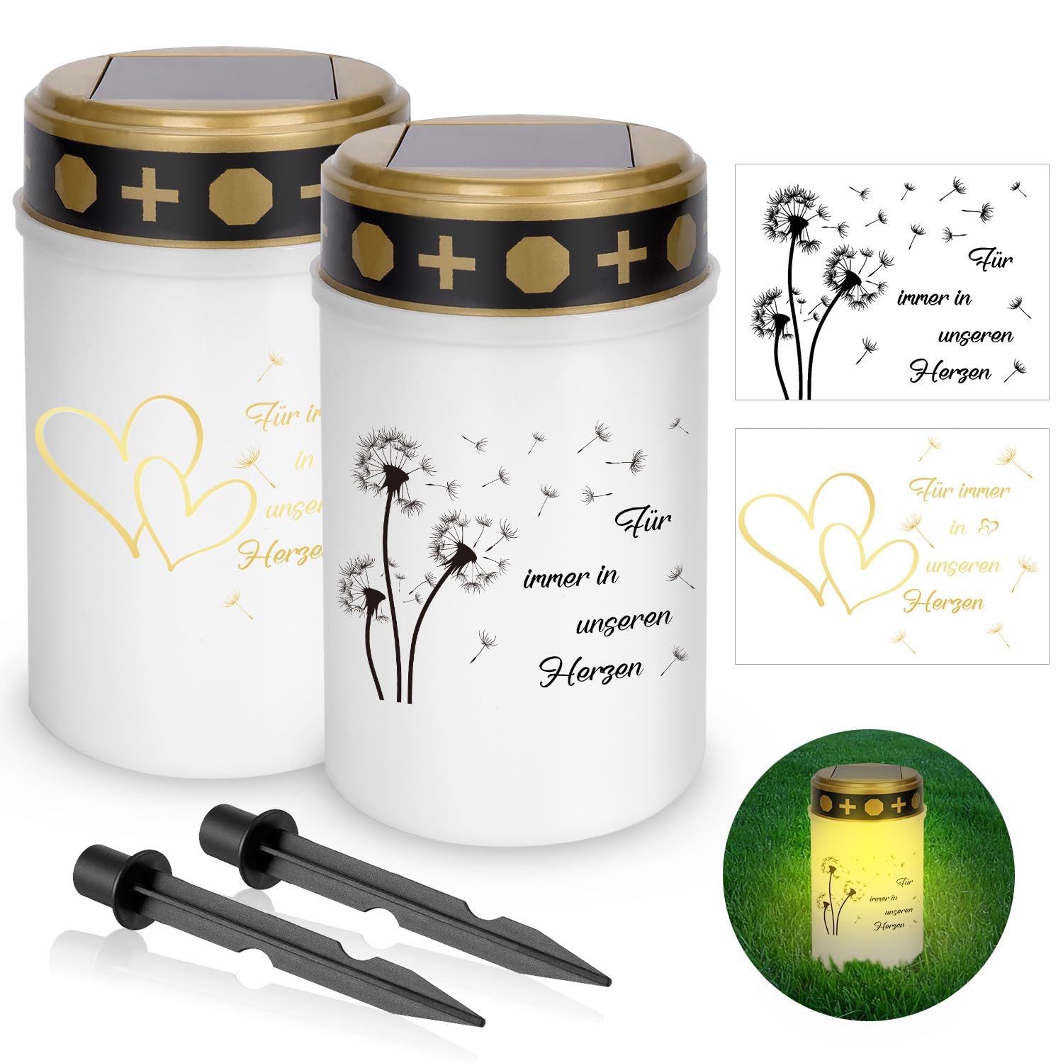 YYSWSAKY 2er Pack Solar Grablicht für Draußen, LED Grablicht mit Erdspieß und 8 Aufkleber, Grableuchten Wetterfest, Solarbetrieben Friedhofskerze Grabkerze mit dämmerungssensor(7cm x 12 cm) (2)