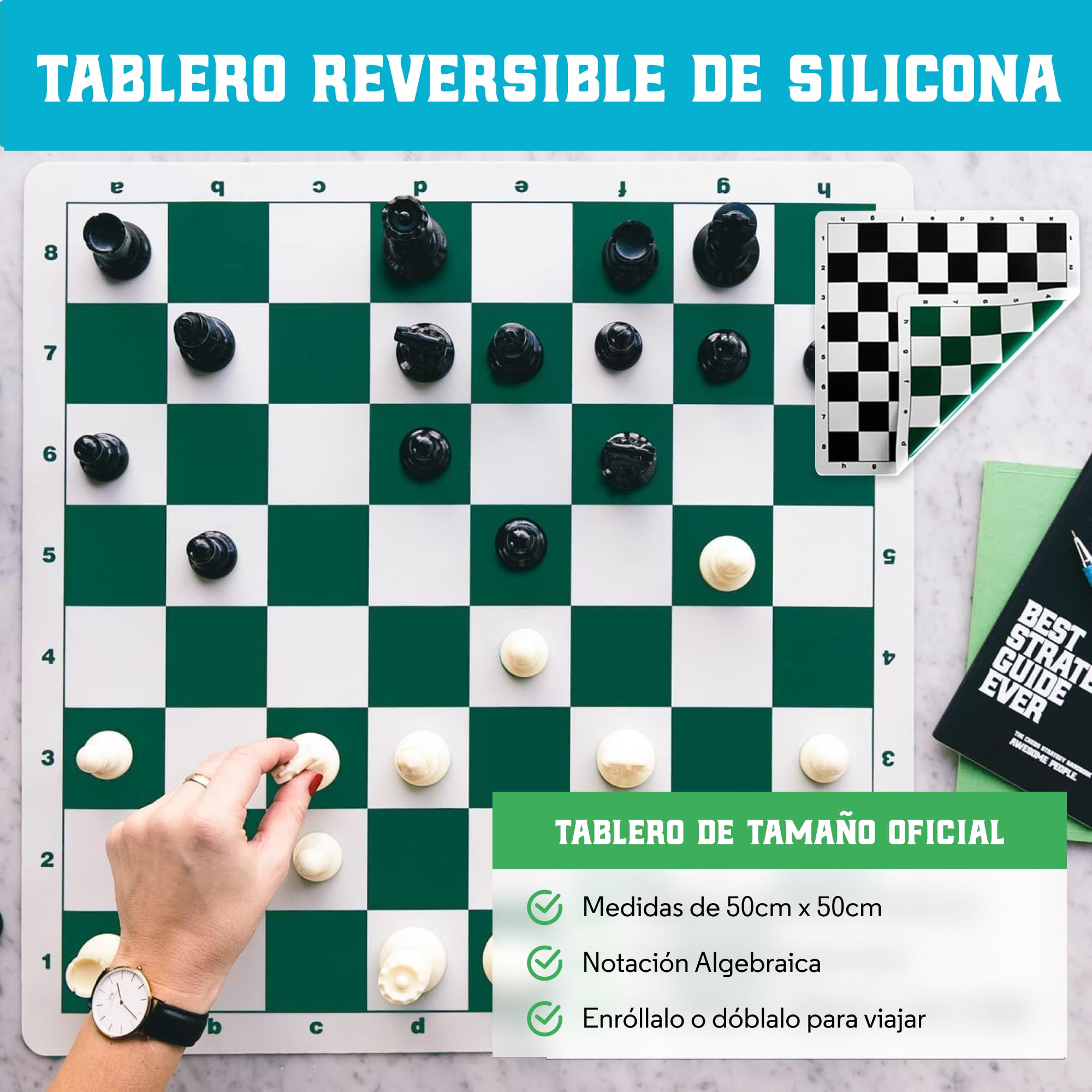 Best Chess Set Ever Set Profesional de Torneo Piezas Staunton Peso Triple | Tablero de silicona doble cara 50x50cm, piezas Staunton, guía 32 páginas y bolsa viaje. Para profesionales y principiantes