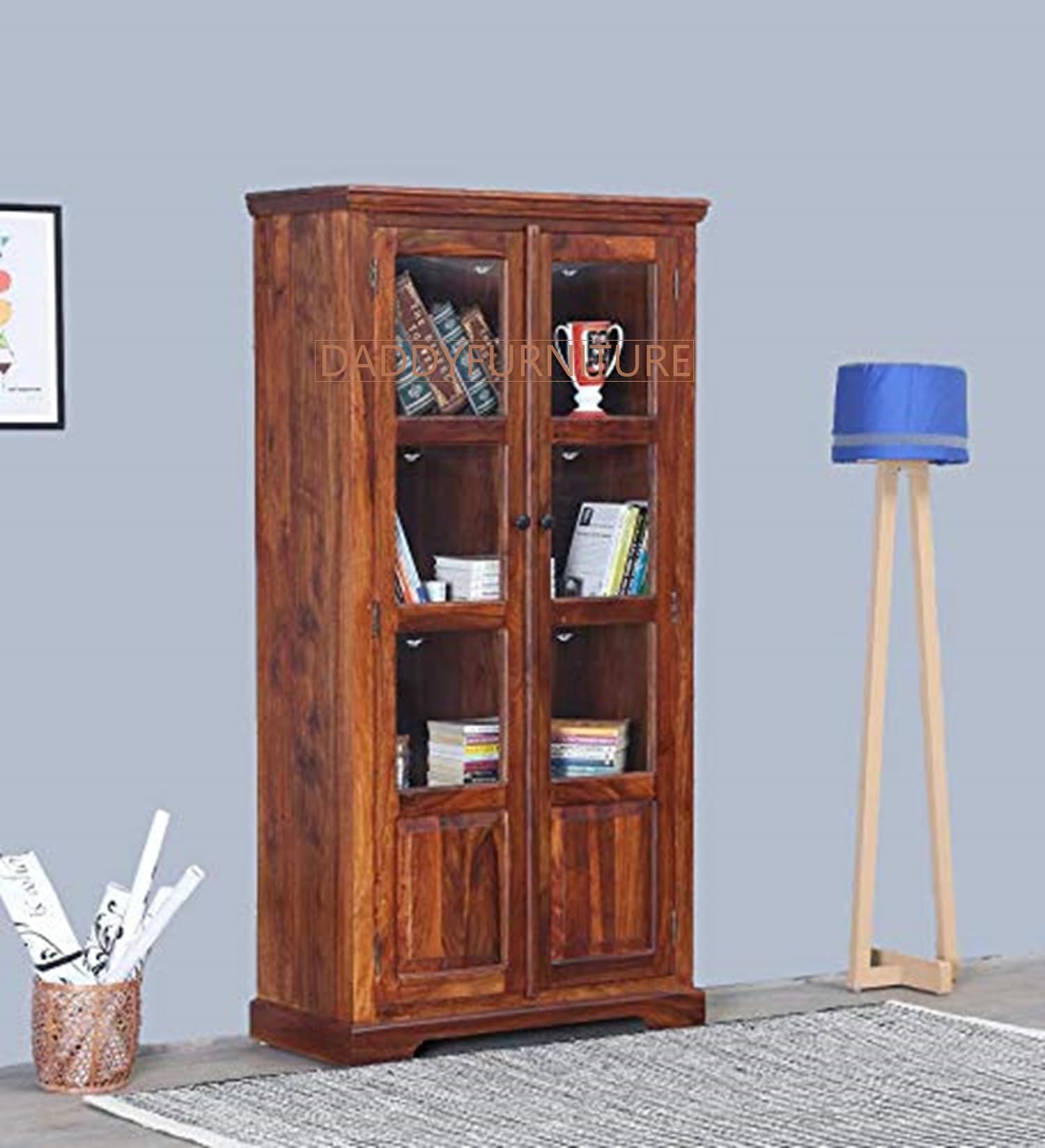 DADDYFURNITURE? Solid Sheesham Wood Multipurpose Kitchen Crockery Cabinet Display Rack with 3 Shelf for Living Room | Solid Wood Bookcase for Home Office. (Honey, Size: 34x15x69 Inch)