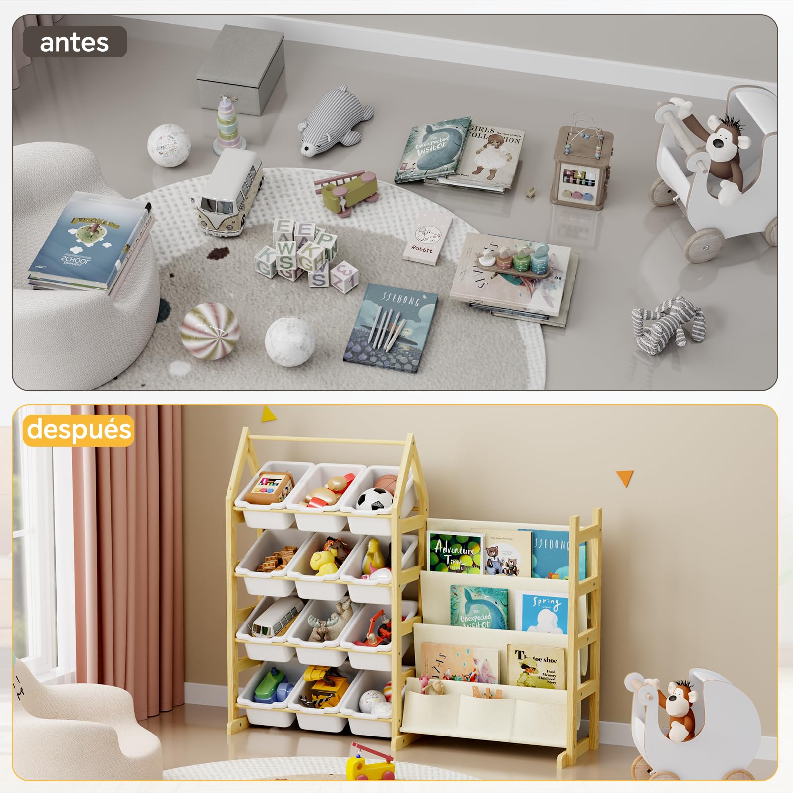 4 Niveles Organizador Juguetes Libreria Infantil Madera, con 12 Caja Almacenaje Juguetes, Mueble Juguetes Estanteria Libros Infantil Montessori, para Dormitorio, Habitación Niños, Sala Juego