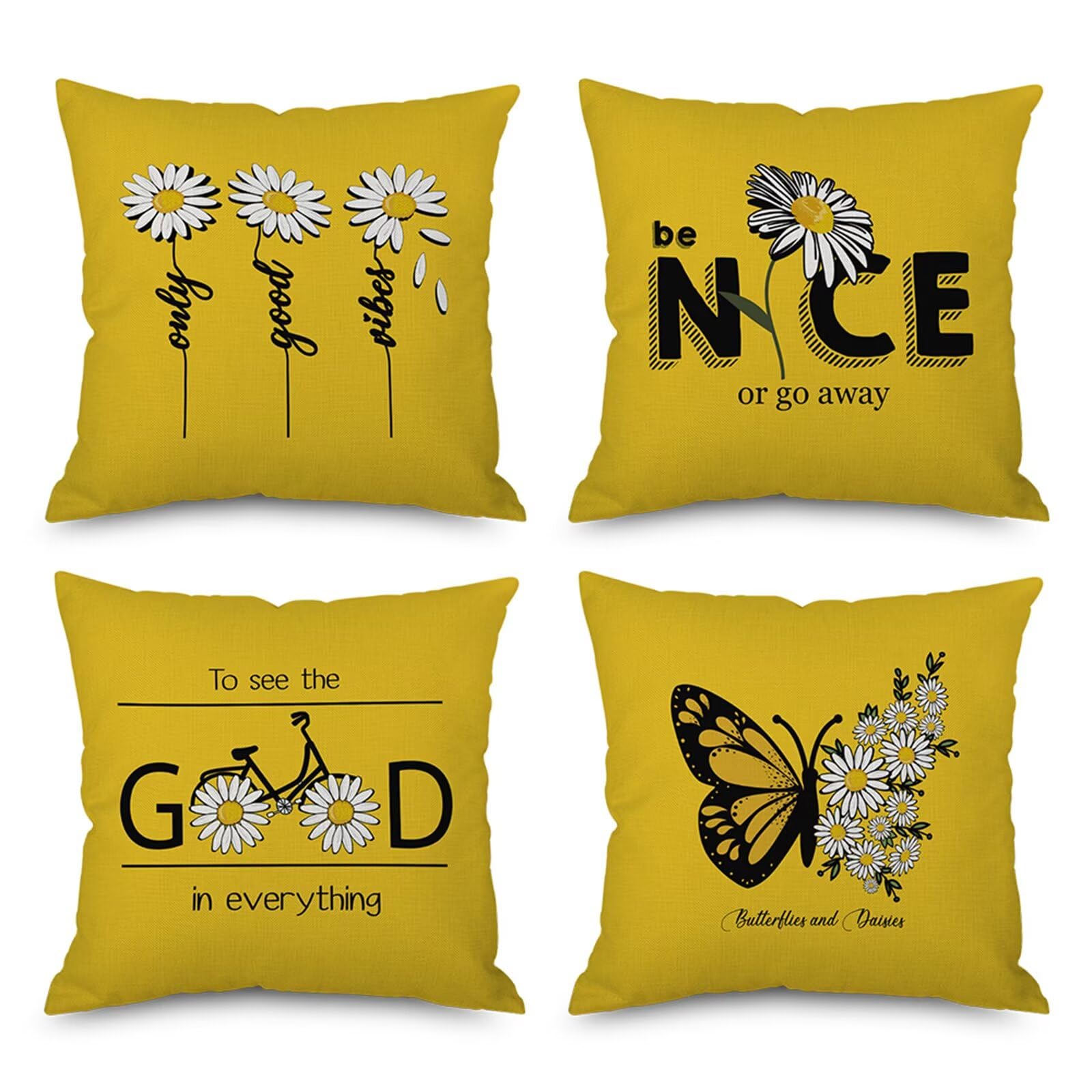 Juego de 4 Impermeable Funda de Cojín Margaritas amarillas,65x65cm Moderno Suave Transpirables Lino Fundas de Almohada Cojines Decorativos con Cremallera Oculta para Exterior Sofá Cama Coche Hogar