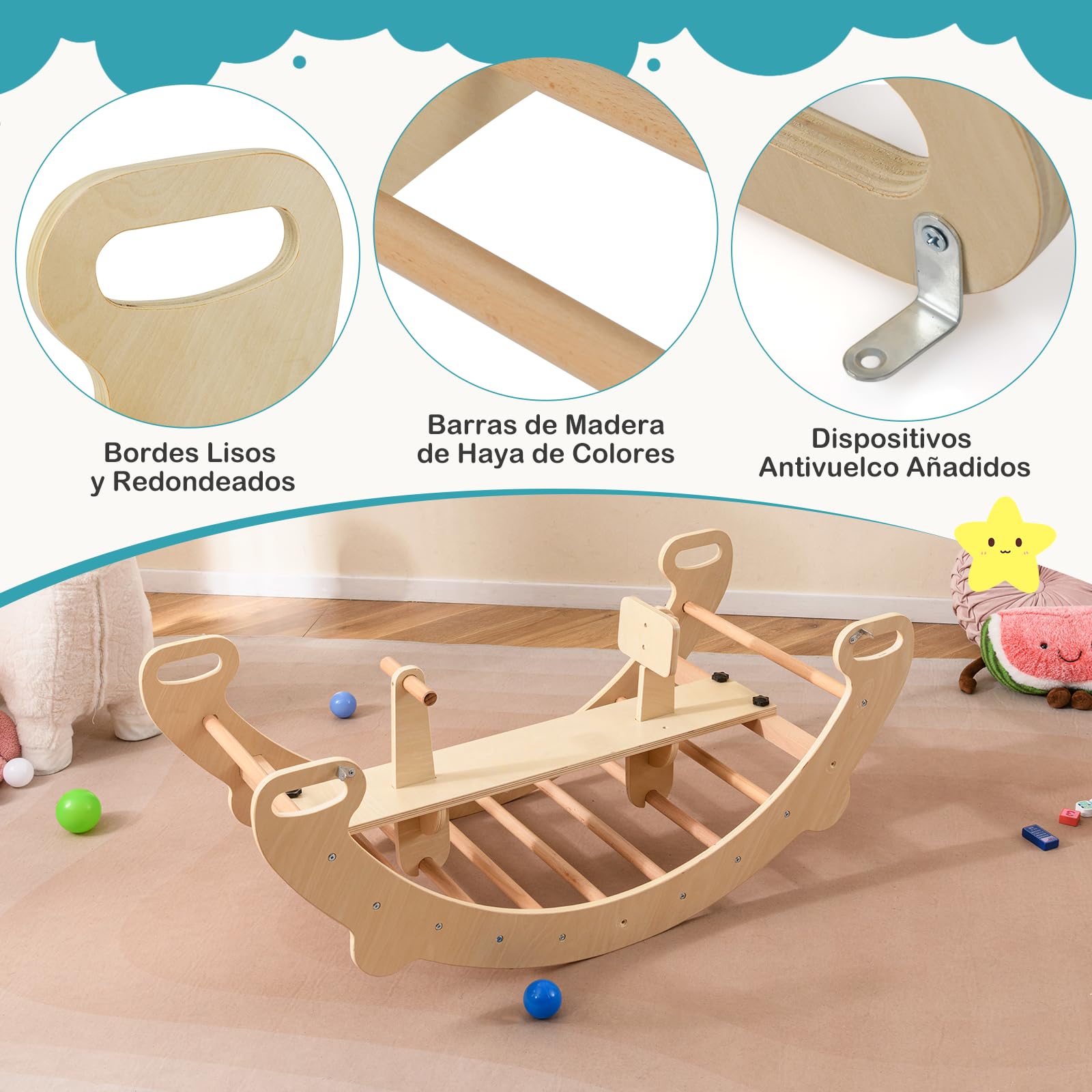 COSTWAY Arco de Escalada para Niños Montessori, 4 en 1 Juguetes de Escalada de Madera, Juego de Interior con Escalador de Arco, Balancín, Túnel para Gatear, Respaldo y Asiento Lisos (Natural)