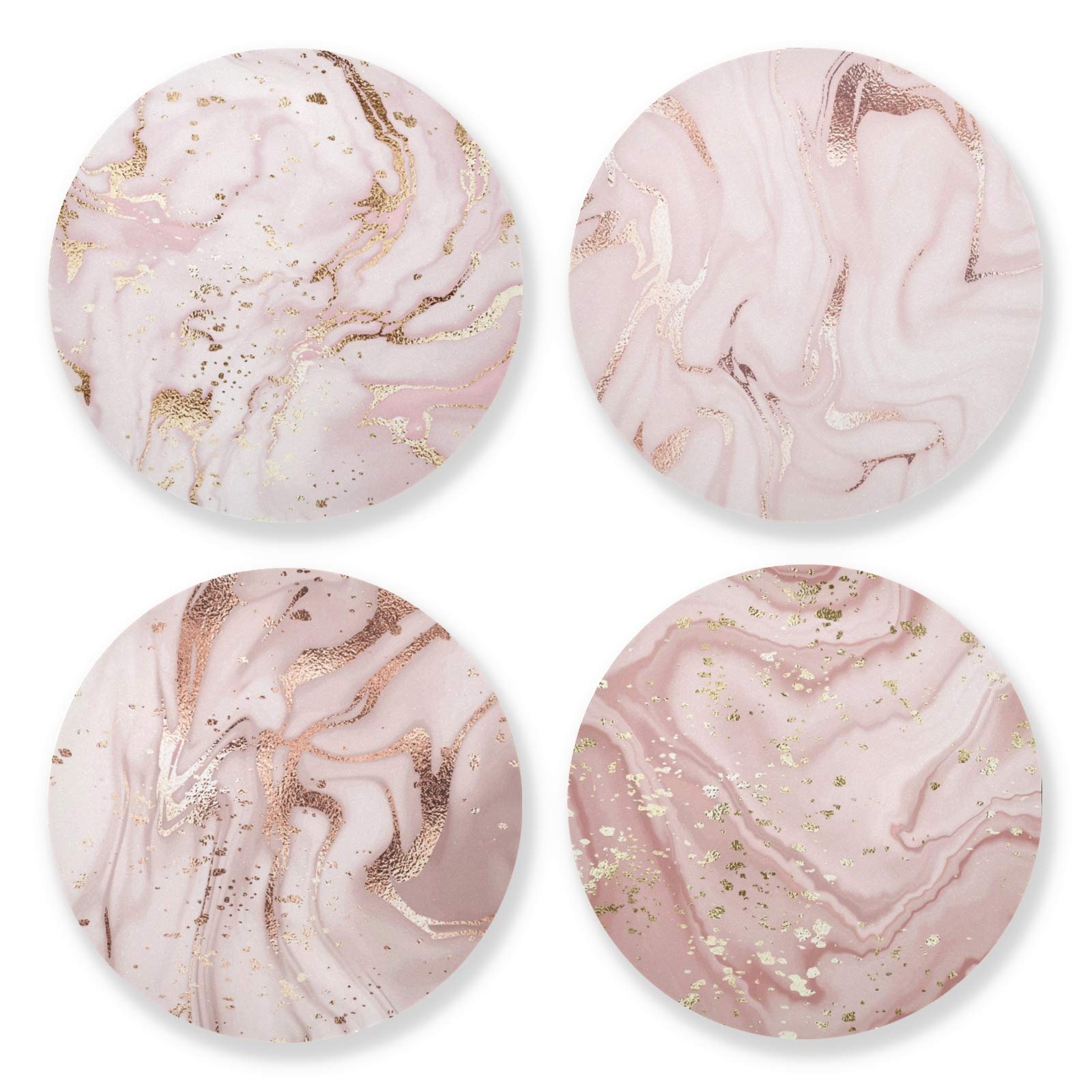 xigua 4PCS Round Coasters for Drinks Heat Resistant Coaster Set with Cork Base Lightweight for Tabletop Desktop Protective Cup Mat for Mugs, Marble Ripple Rose Gold Pink