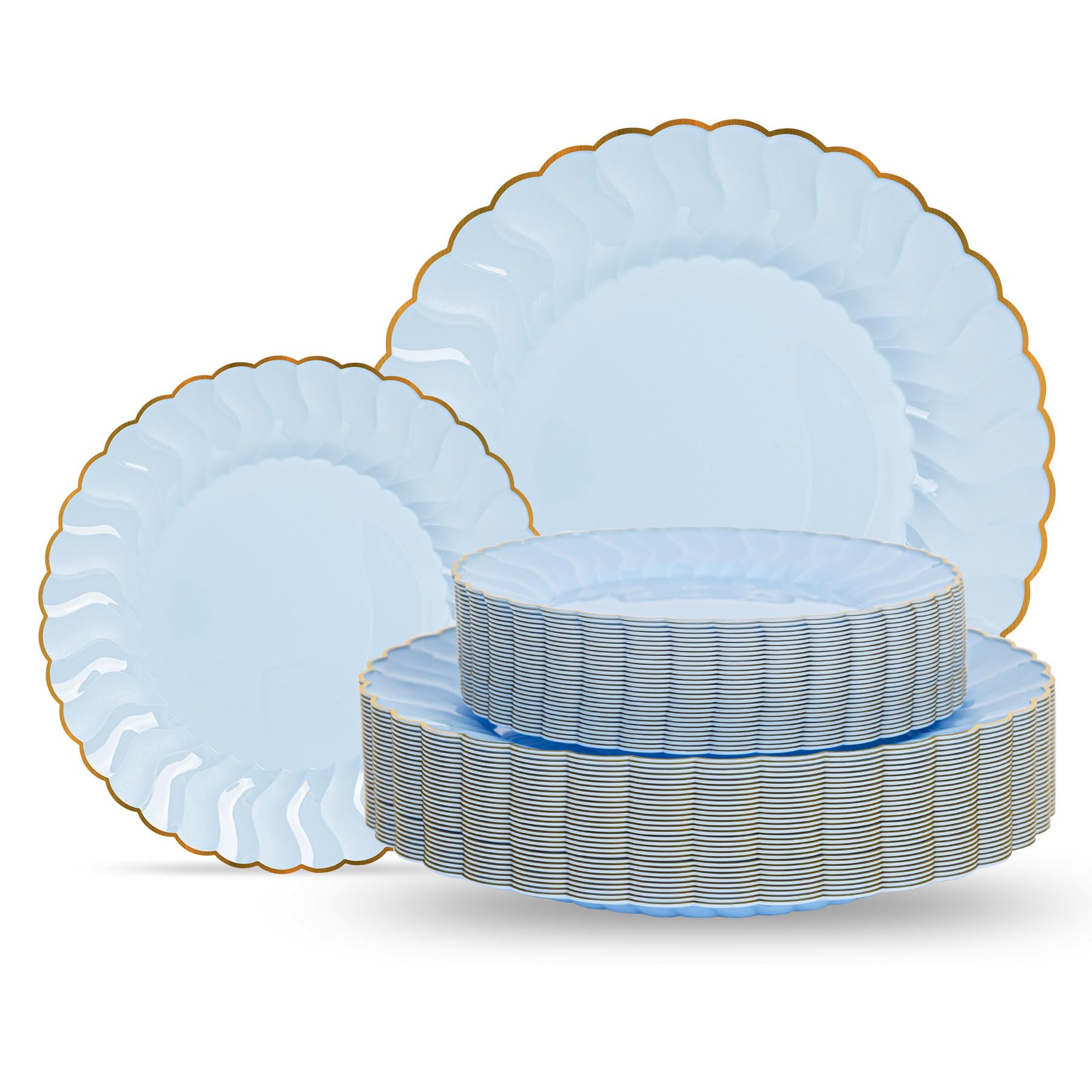 60PCS Light Blue Plastic Plates with Gold Rim Includes 30PCS Dinner Plate 